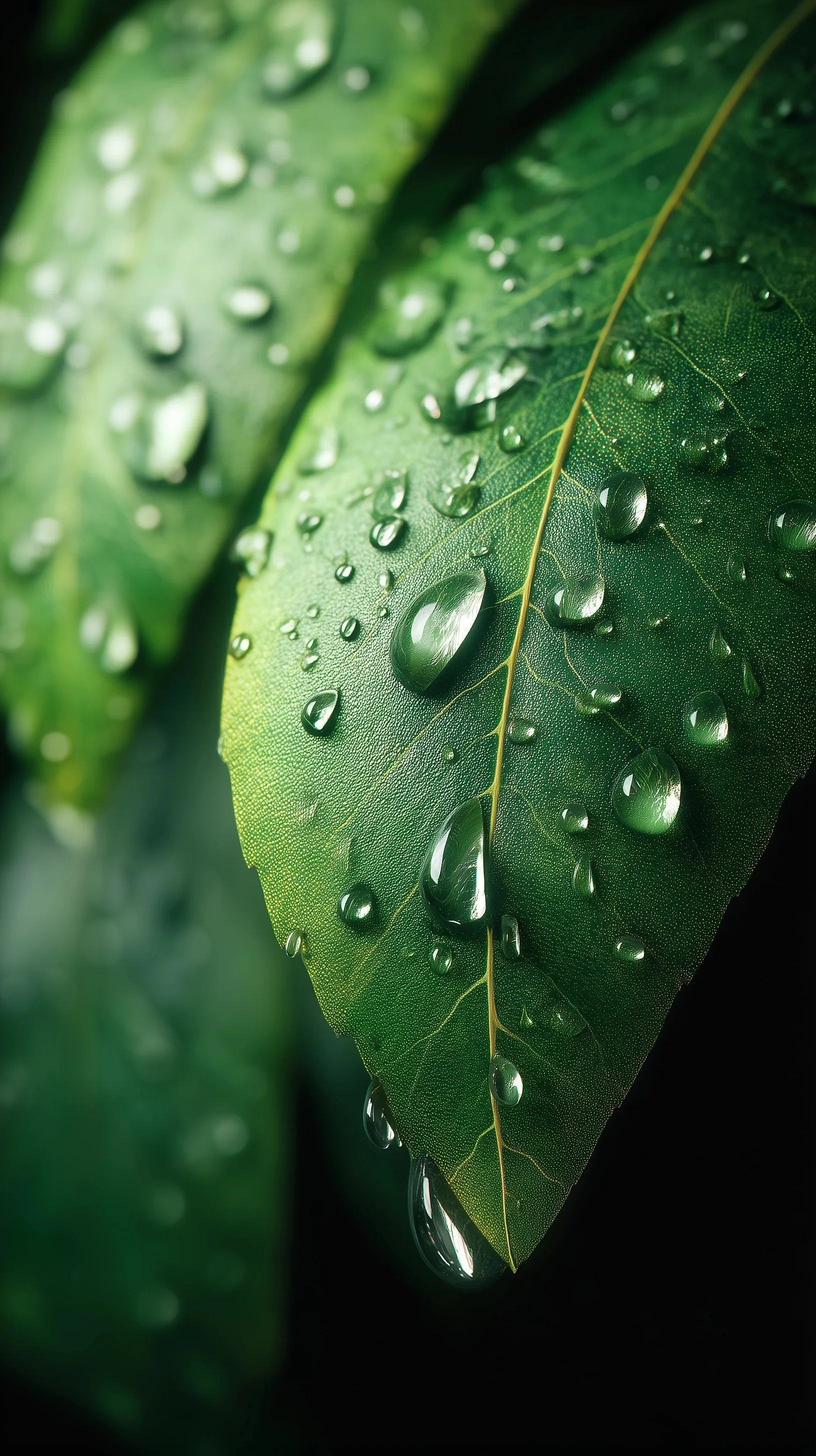 Hyperrealistic close-up of clear water droplets on a vibrant green leaf after spring rain.