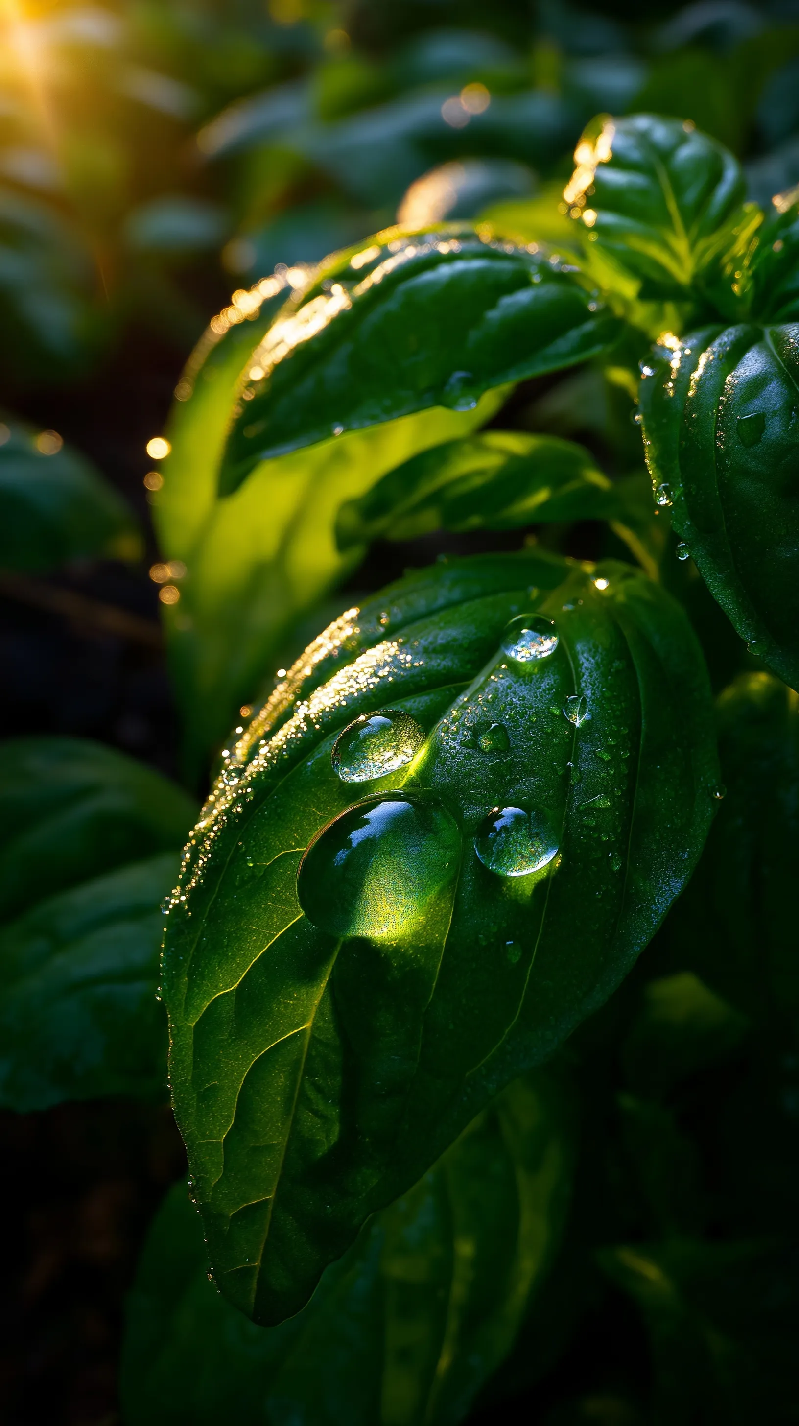 Sunlit water droplets on vibrant green basil leaves, showcasing detailed veins and golden morning light.
