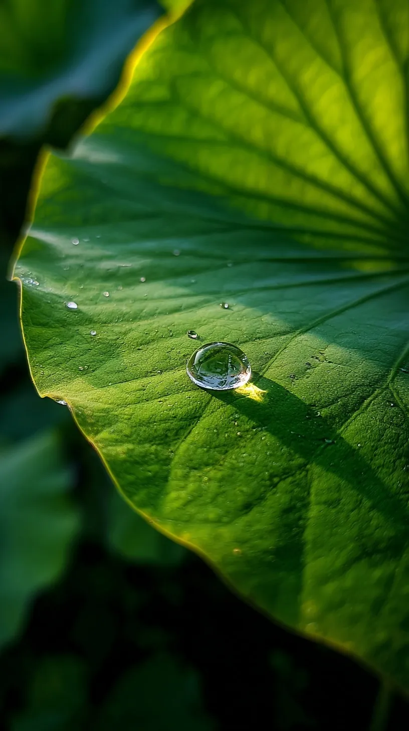 A clear water droplet resting on the vibrant green edge of a lotus leaf under bright, natural sunlight.
