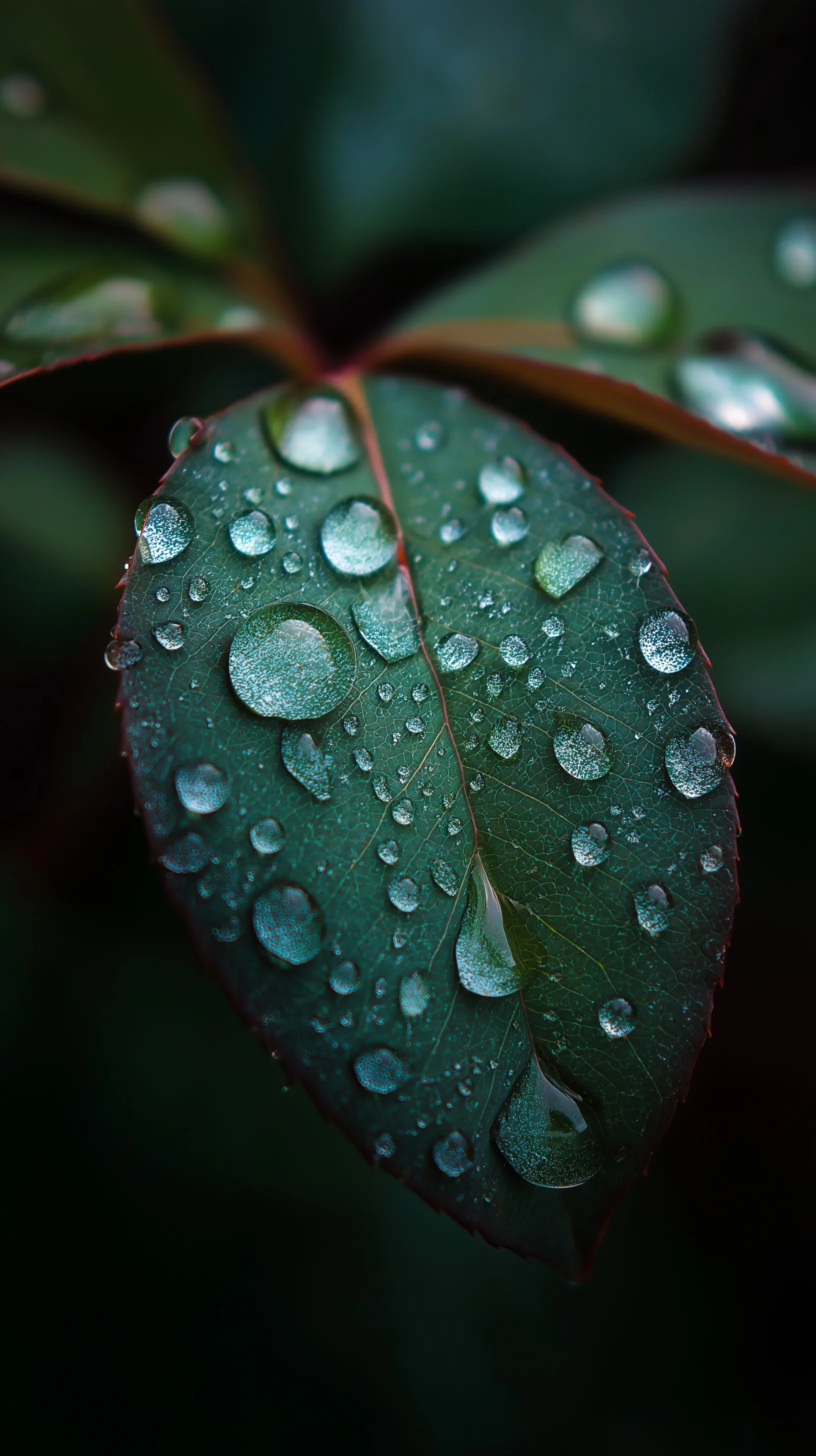 Hyperrealistic macro close-up of crystal clear water droplets resting on a vibrant green leaf.