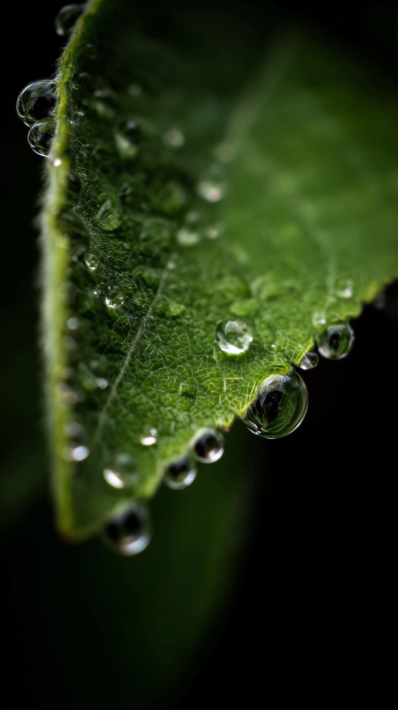 Macro close-up of glistening water droplets on a vibrant green leaf edge against a dark moody background.