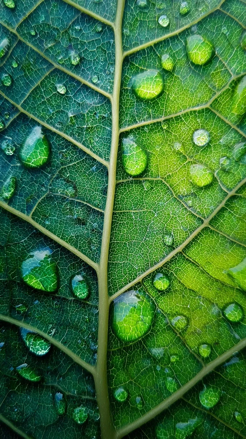Close-up of an exotic green leaf with glistening water droplets highlighting intricate natural vein textures.
