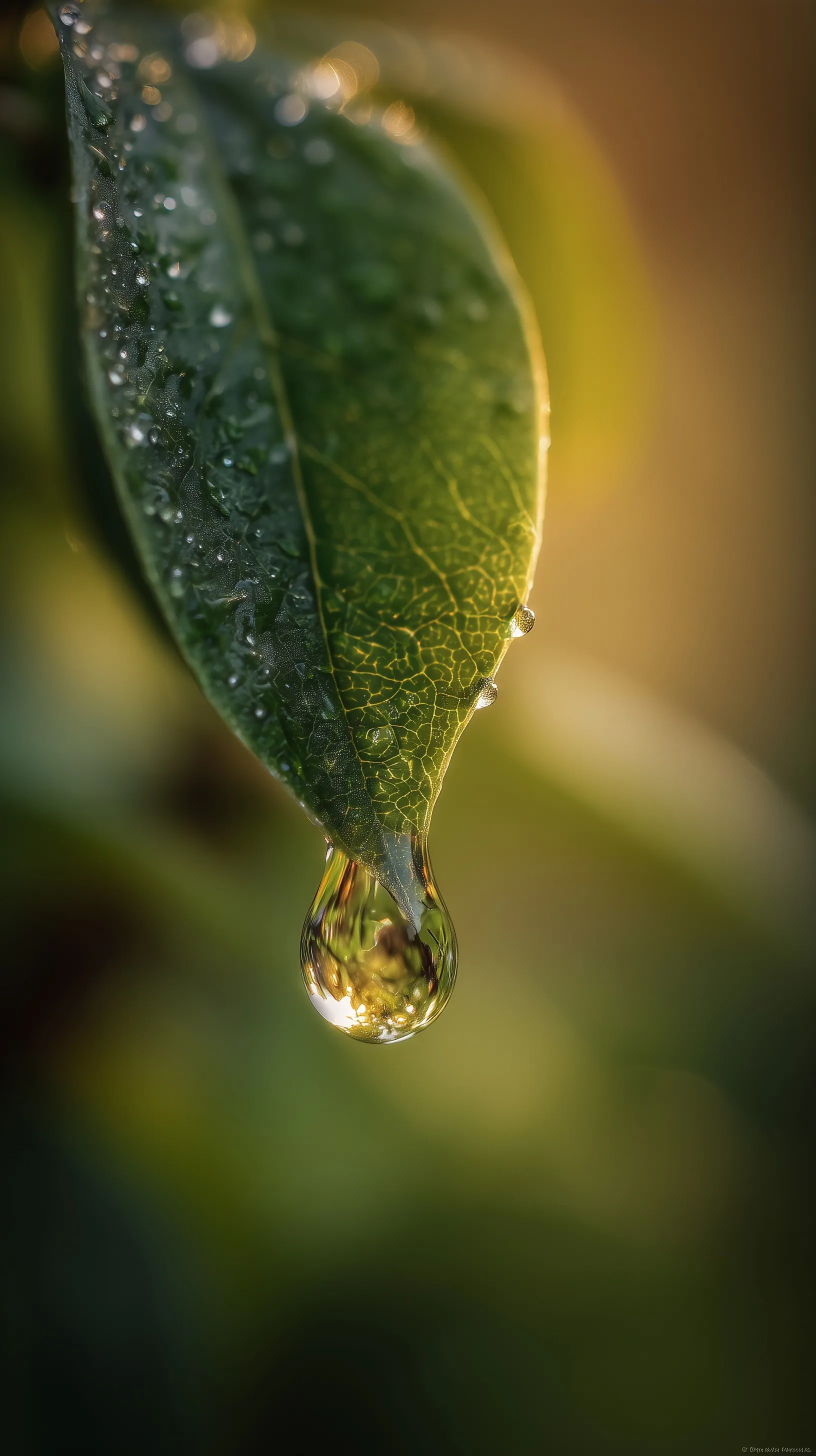 A hyper-realistic macro shot of a dew droplet hanging from a vibrant green leaf in soft golden morning light.