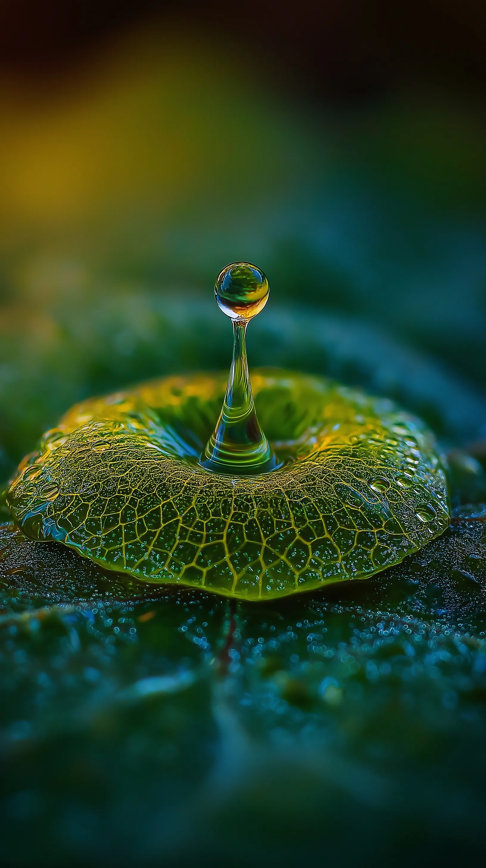 Macro shot of a single water droplet hitting a glowing green leaf with ethereal energy ripples.