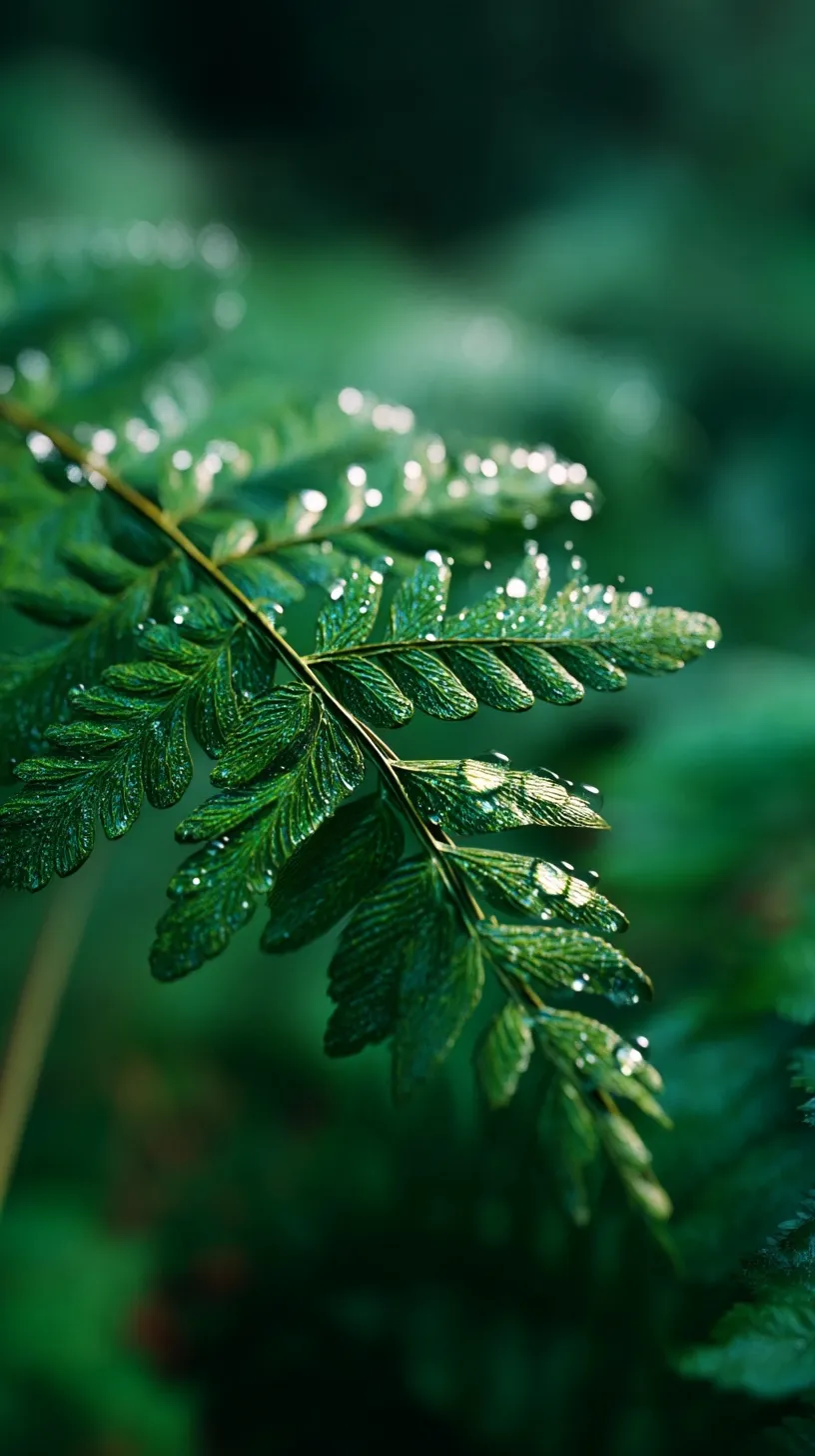 Macro shot of dew drops on a vibrant green fern leaf with a soft bokeh forest background.