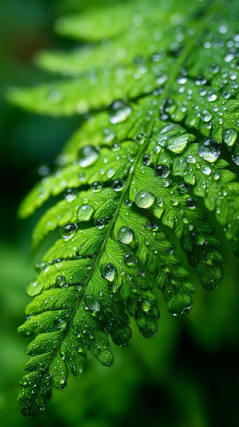 Macro close-up of crystal-clear morning dew droplets on a vibrant green fern leaf with a soft blurred background.
