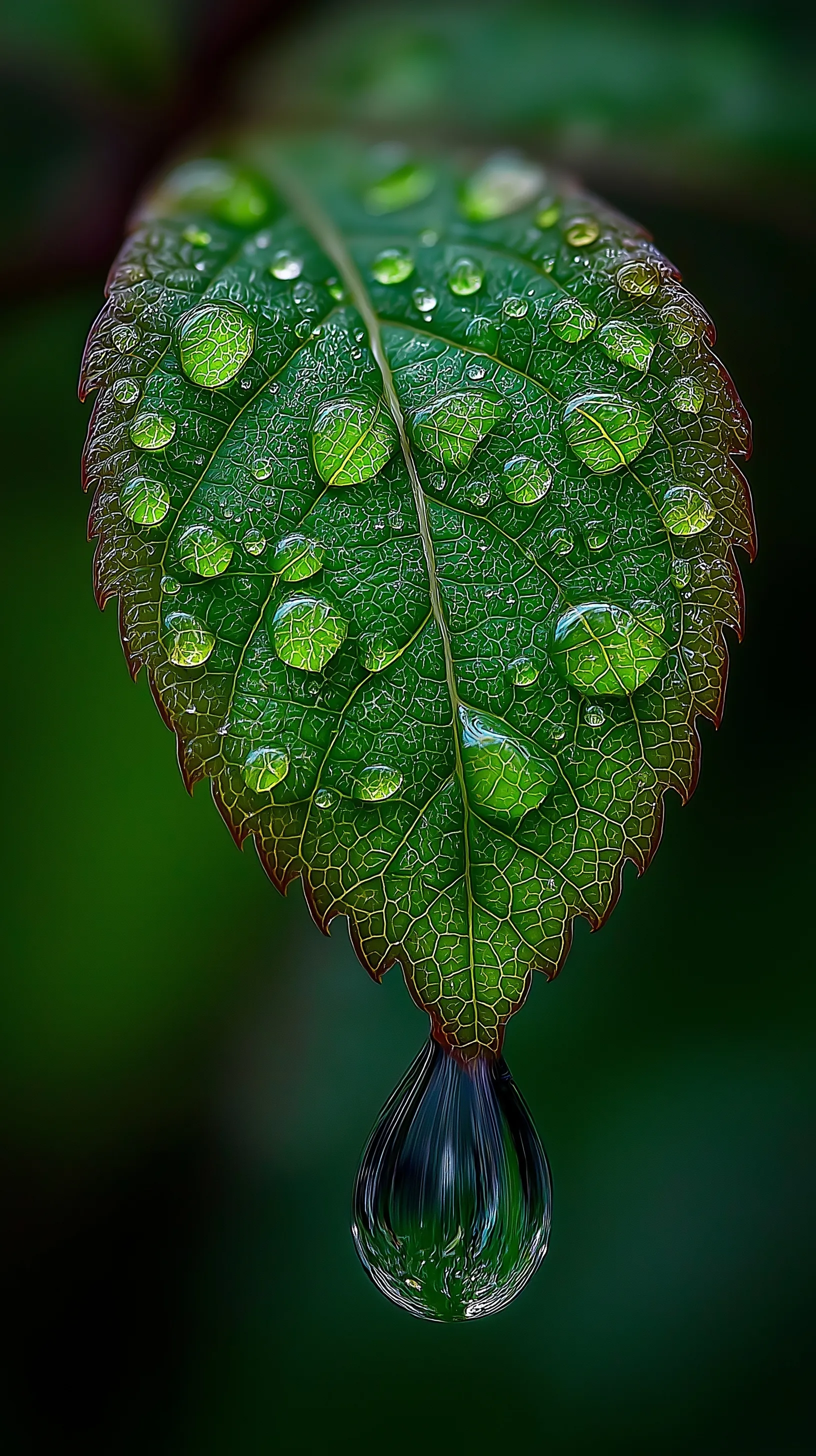 Macro close-up of a green leaf edge featuring a pristine, translucent dewdrop with sharp light refraction.