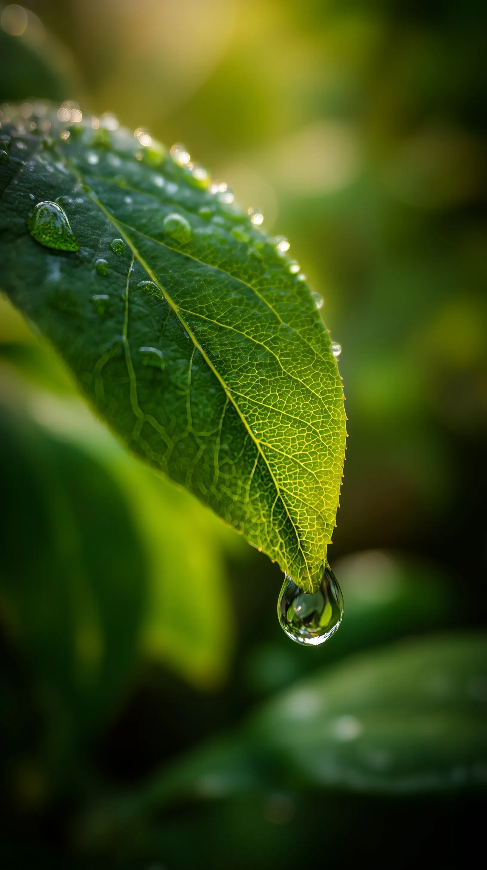 Macro shot of a single dewdrop on a vibrant green leaf with soft forest bokeh background.