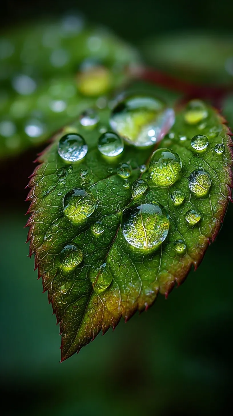 Macro photography of crystal clear dew drops resting on the edge of a vibrant emerald green leaf in soft morning light.