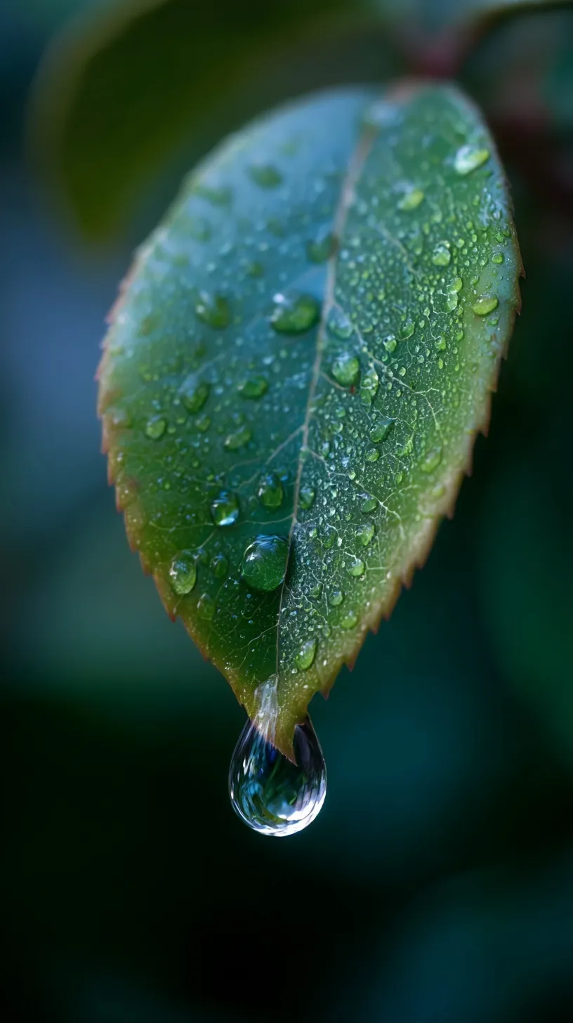 A sharp, close-up macro photograph of a clear water droplet resting on a vibrant green organic leaf.