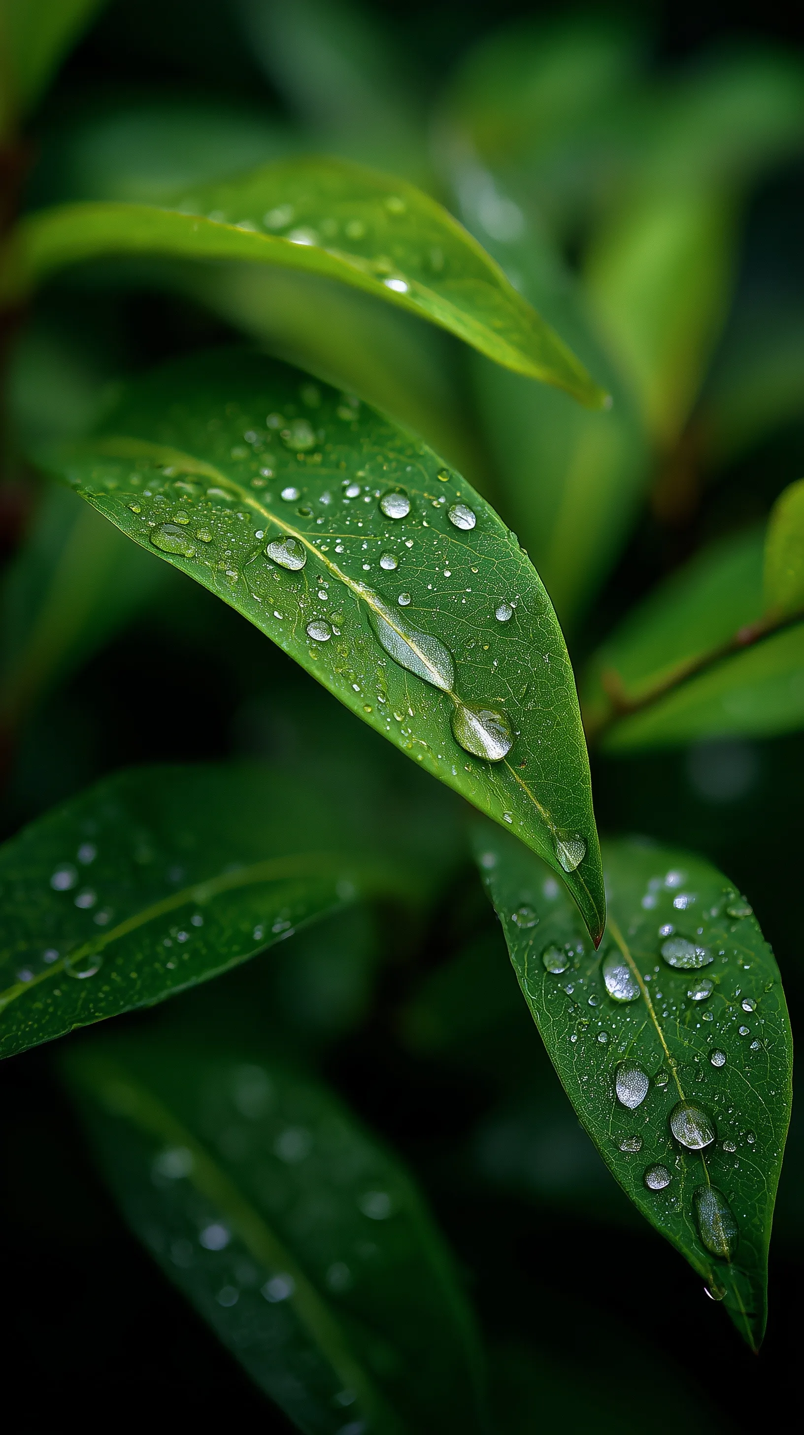Macro shot of a fresh green leaf with raindrops and soft bokeh highlights after a summer rain.