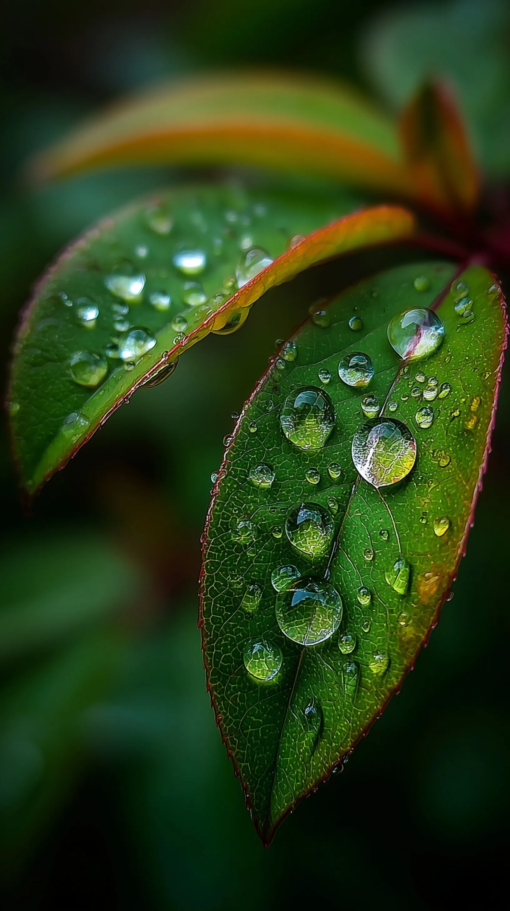 Macro close-up of dew drops resting on the edge of a vibrant emerald green leaf in soft morning sunlight.