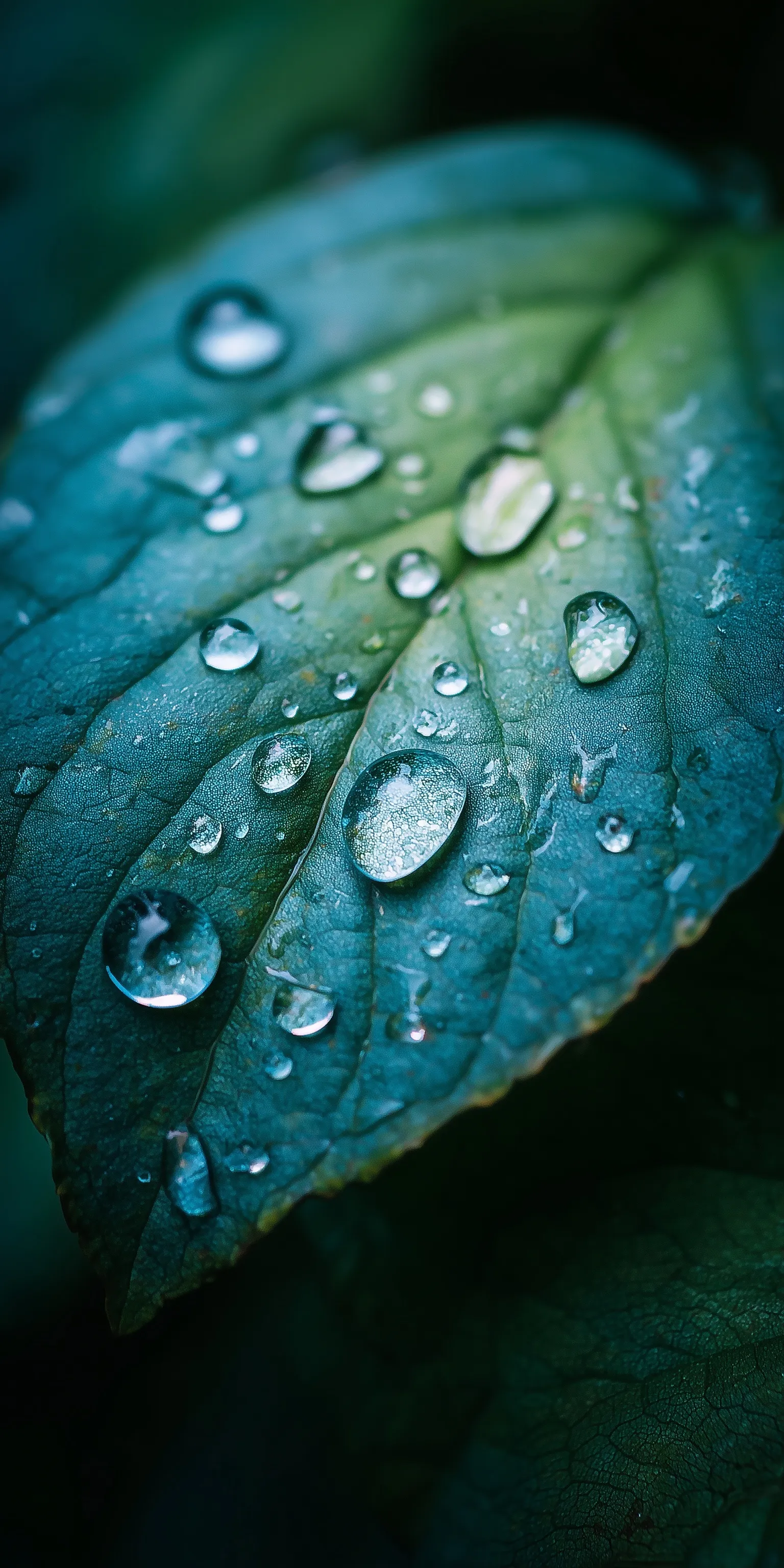 Macro close-up of morning dew drops on a textured green leaf with soft natural daylight reflections.