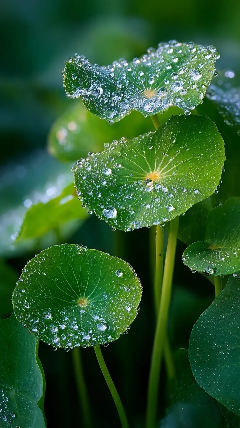 Close-up of Centella Asiatica leaves with morning dew drops glowing in soft sunrise sunlight.
