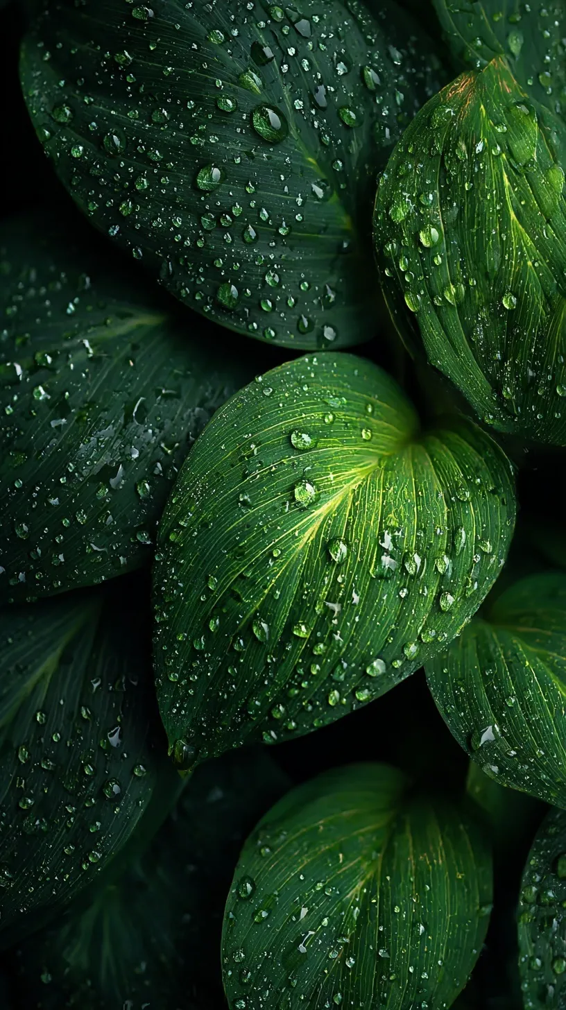 High-resolution close-up of water droplets on a vibrant green leaf against a dark, moody background.