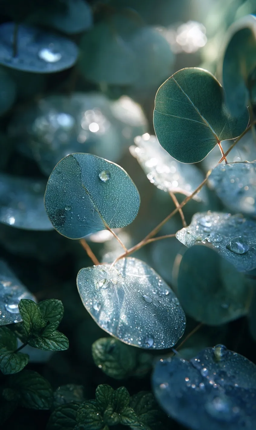 Macro close-up of fresh eucalyptus and mint leaves with dewdrops in a sunlit forest, surreal nature photography.