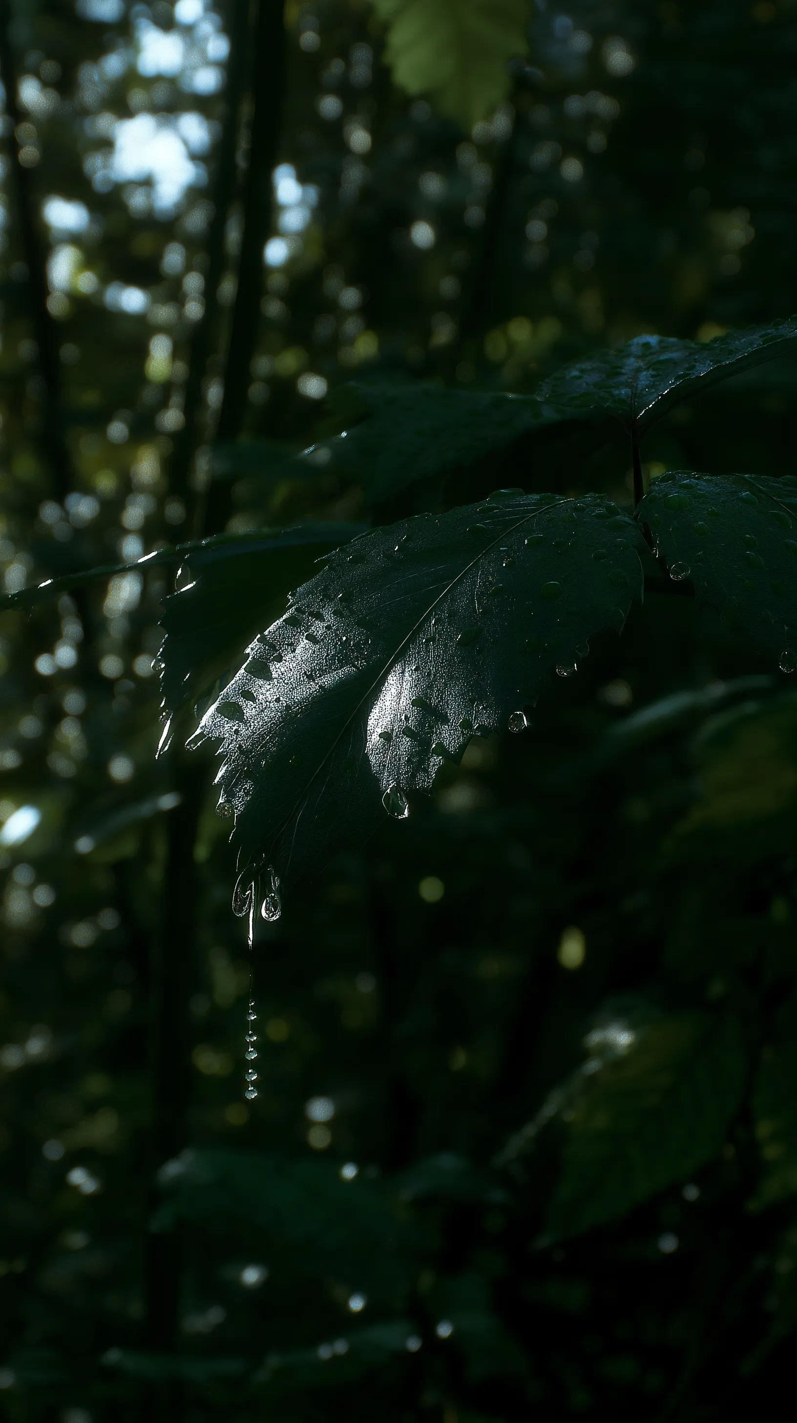 Close-up of a vibrant green leaf with glistening water droplets after rain in a forest, illuminated by soft sunlight.