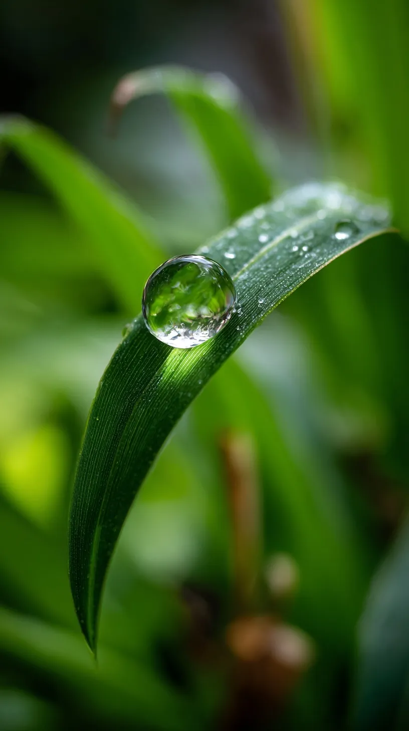 Macro close-up of a single dew droplet resting on a vibrant green leaf edge in soft morning light.
