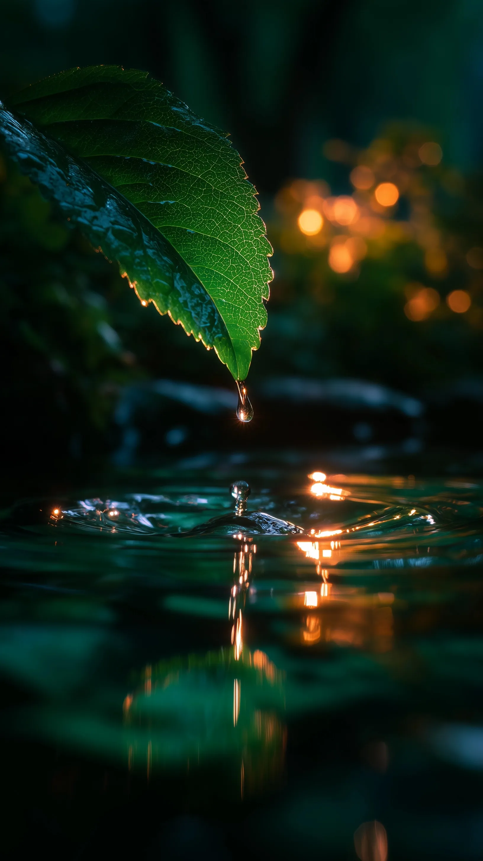 A macro close-up of a single green leaf dripping a water droplet over a calm pond with soft bokeh background.