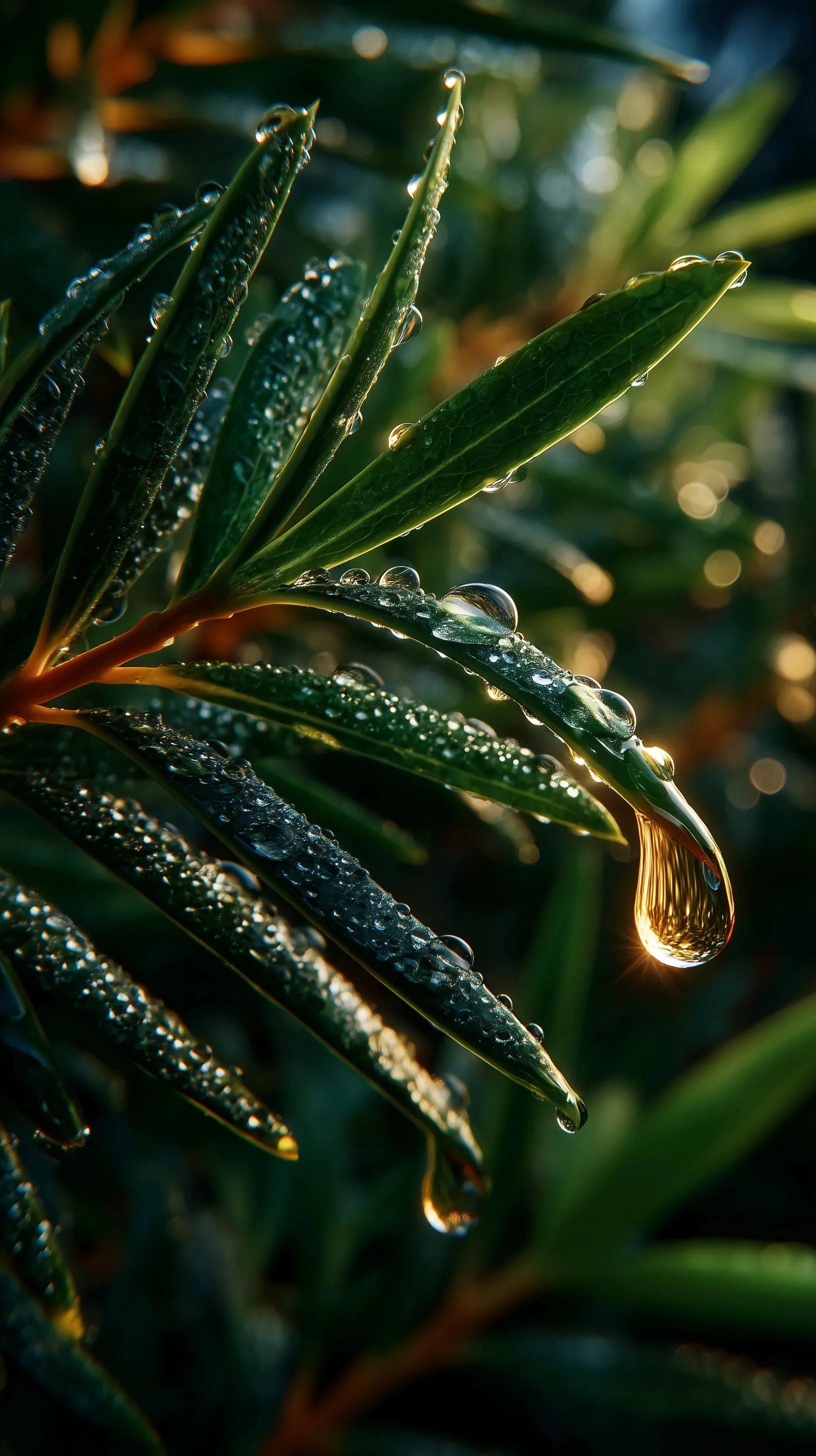 Close-up of green tea tree leaves with dew and a single golden oil droplet against a soft, dreamy bokeh background.