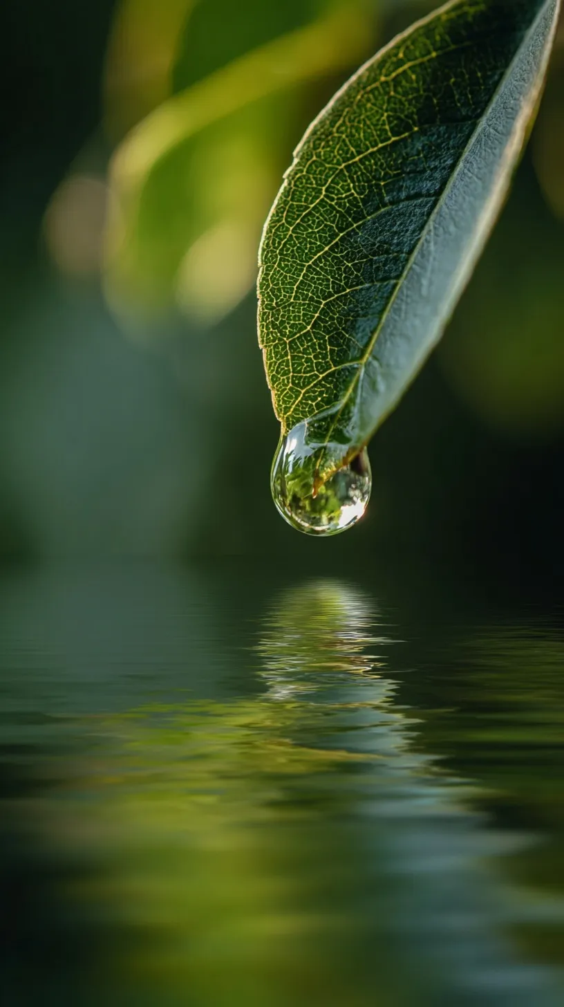 A clear water droplet on a vibrant green leaf with a tranquil pond reflection, symbolizing nature and eco-friendly themes.