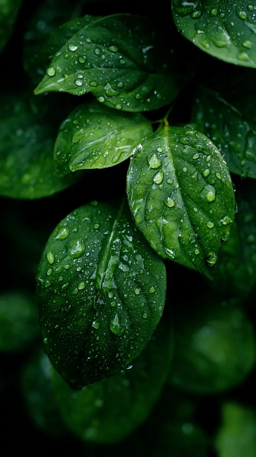 Macro close-up of crystal clear water droplets resting on a lush, vibrant green leaf in nature.