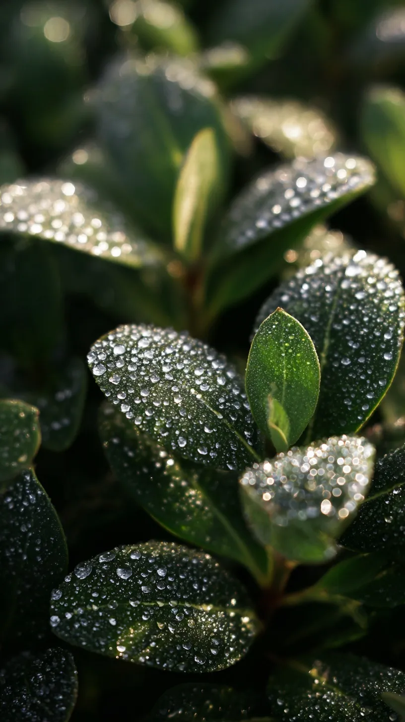 Close-up of morning dew droplets glistening on a fresh green leaf in soft sunlight.