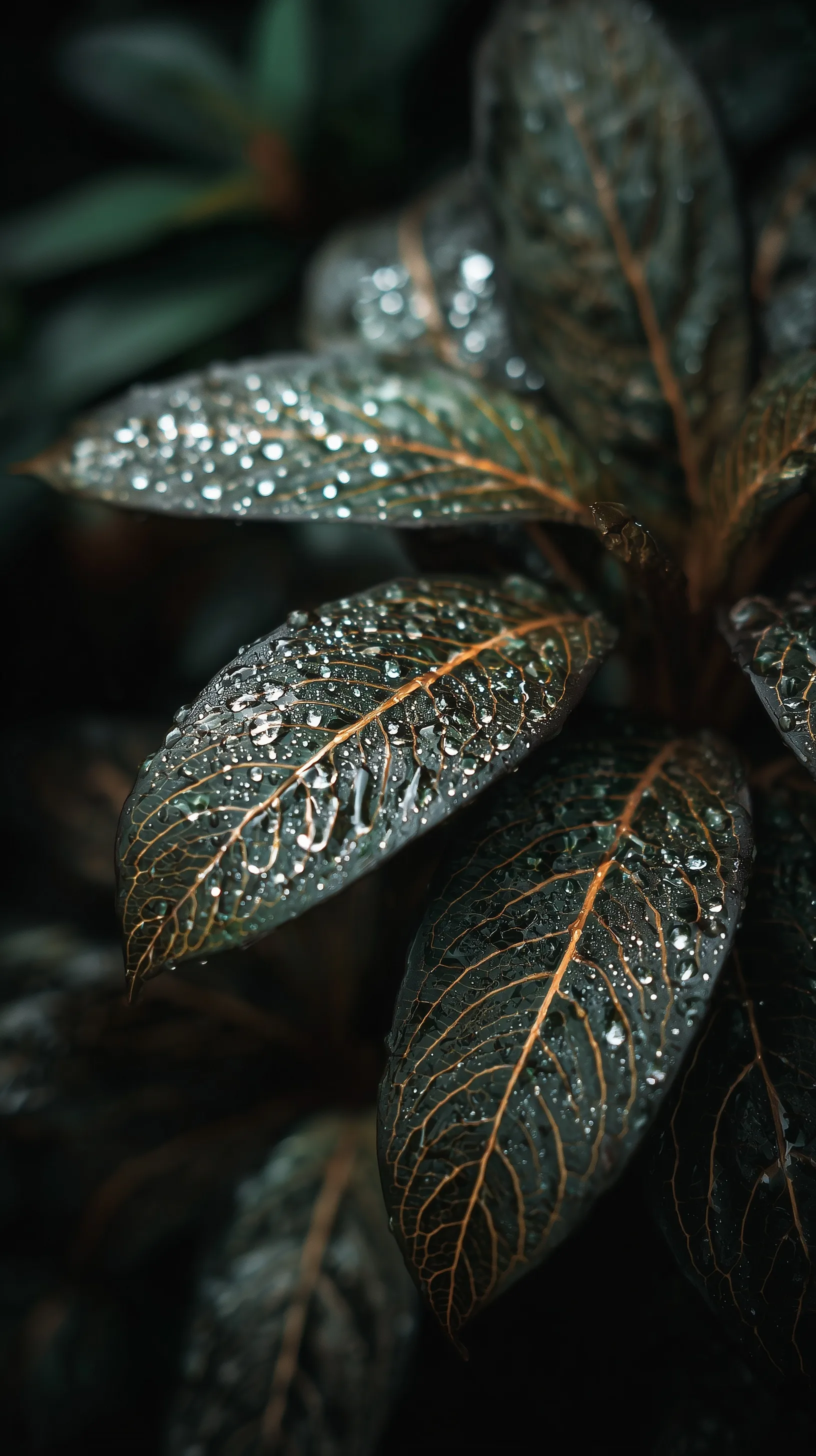 Close-up of exotic green leaf with silver veins and fresh rain droplets, high-definition macro nature wallpaper.
