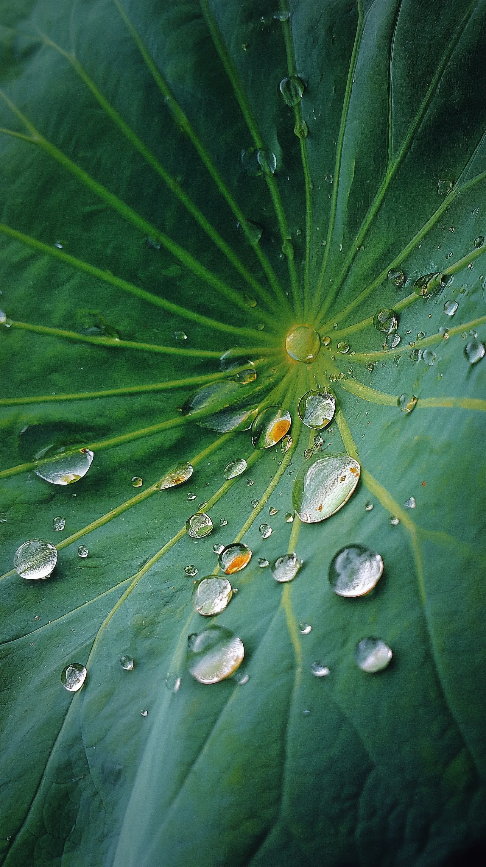 Water droplets rolling off a vibrant green lotus leaf, illustrating the natural self-cleaning lotus effect.