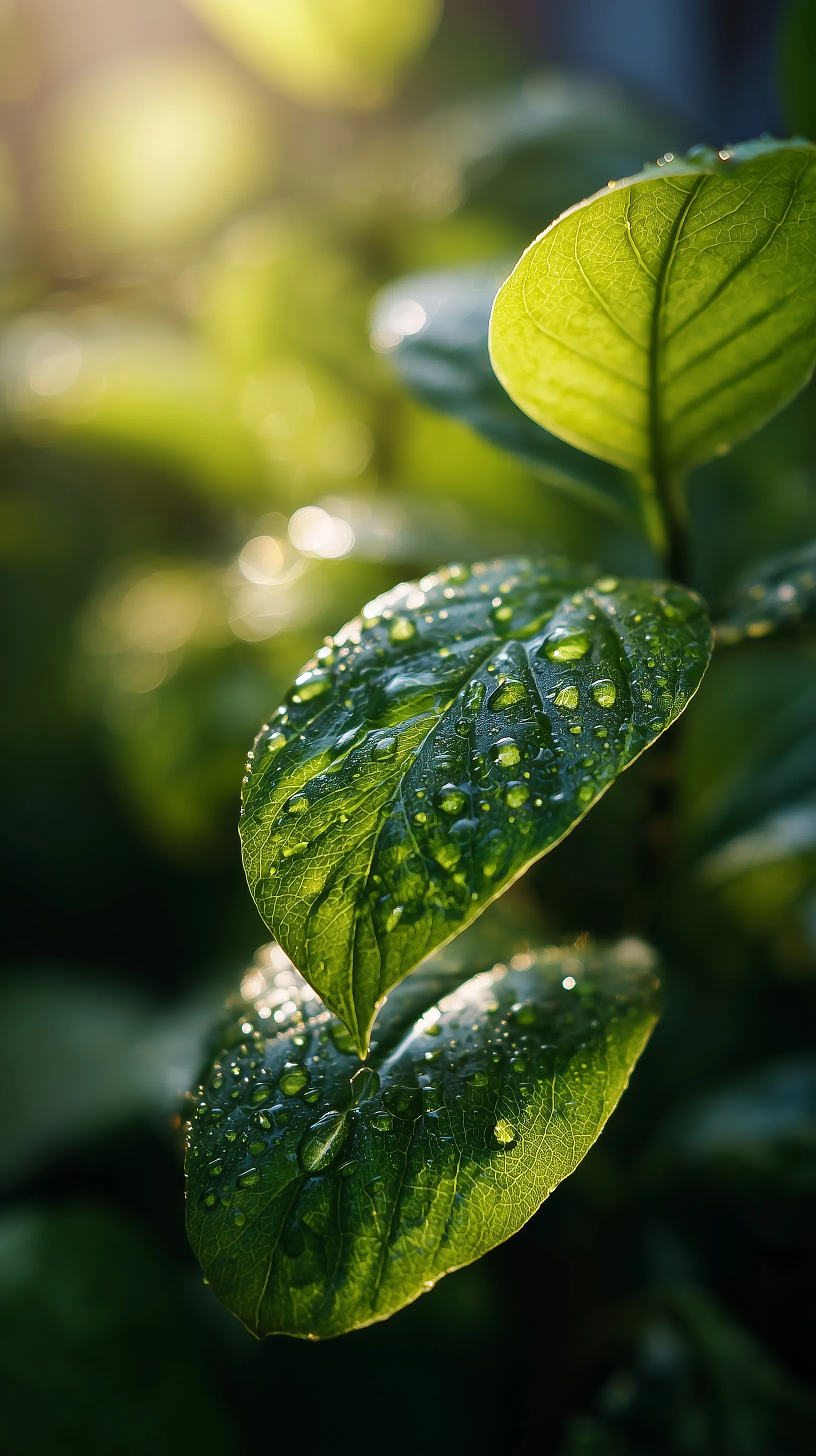 Close-up of a fresh green leaf with morning dew drops and soft natural sunlight bokeh.