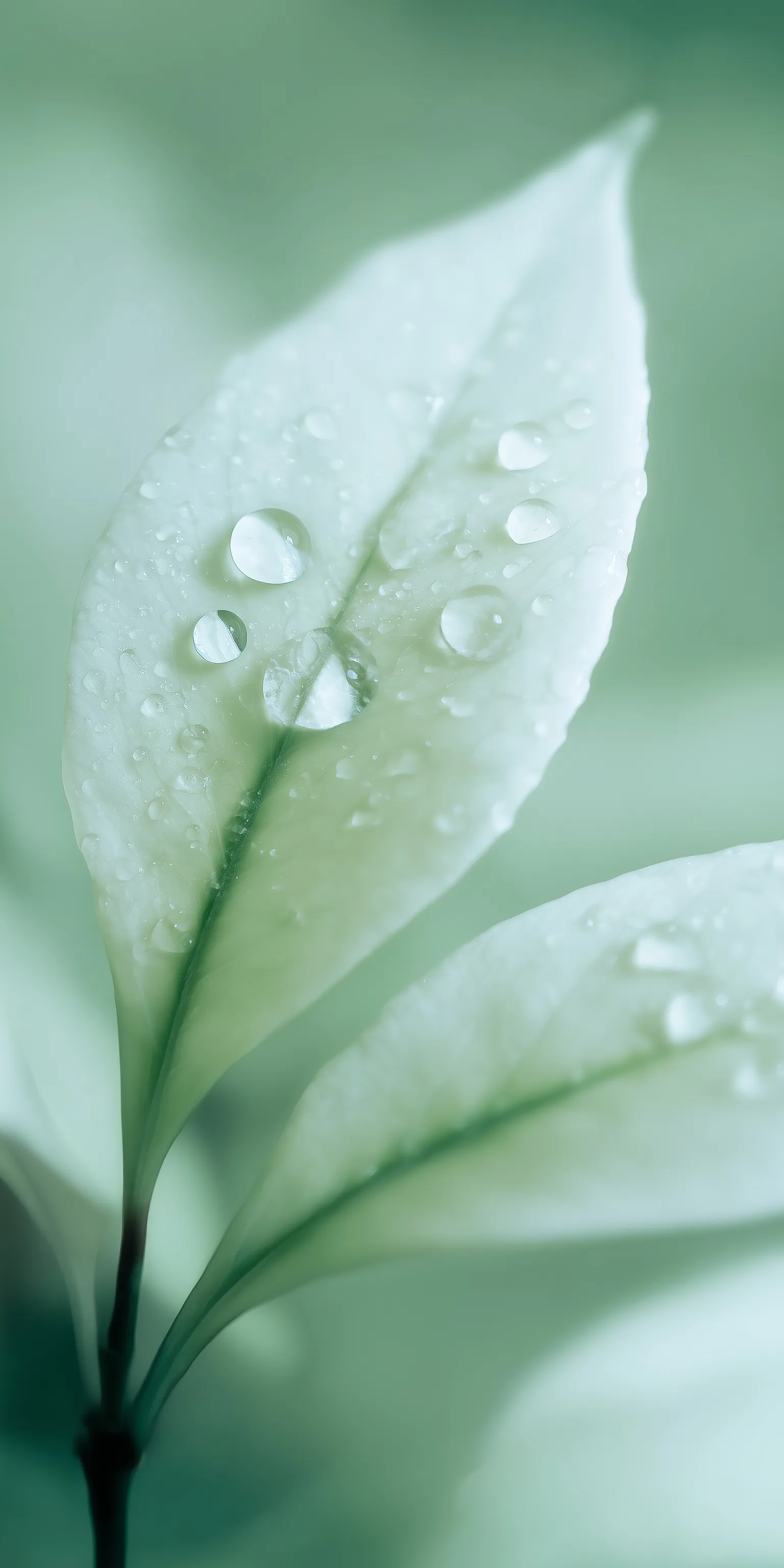 Macro close-up of a delicate white leaf with glistening water droplets against a soft light green background.