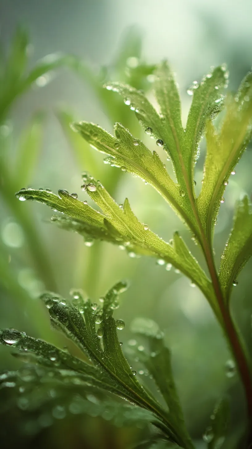 Macro close-up of fresh mugwort leaves covered in sparkling water droplets in soft natural sunlight.