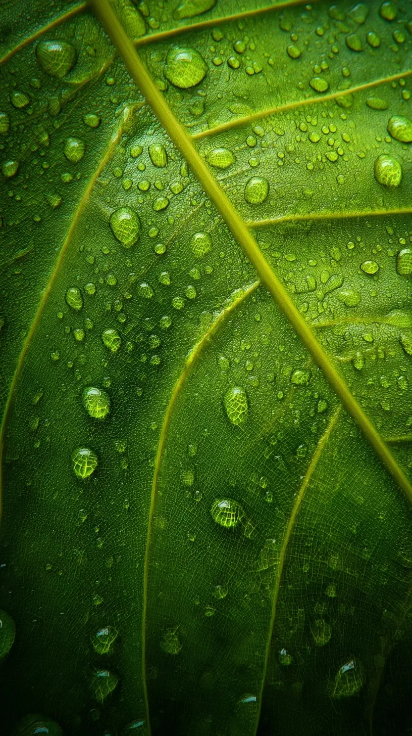 Extreme close-up of a vibrant green leaf surface showing detailed veins and sparkling clear water droplets.