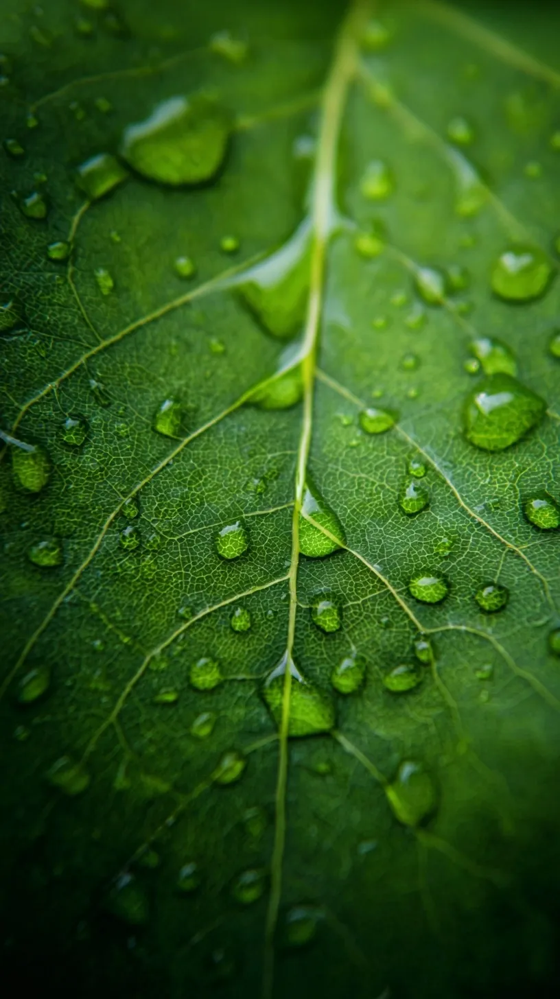 Extreme close-up of a green leaf texture with water droplets in a vibrant anime art style.