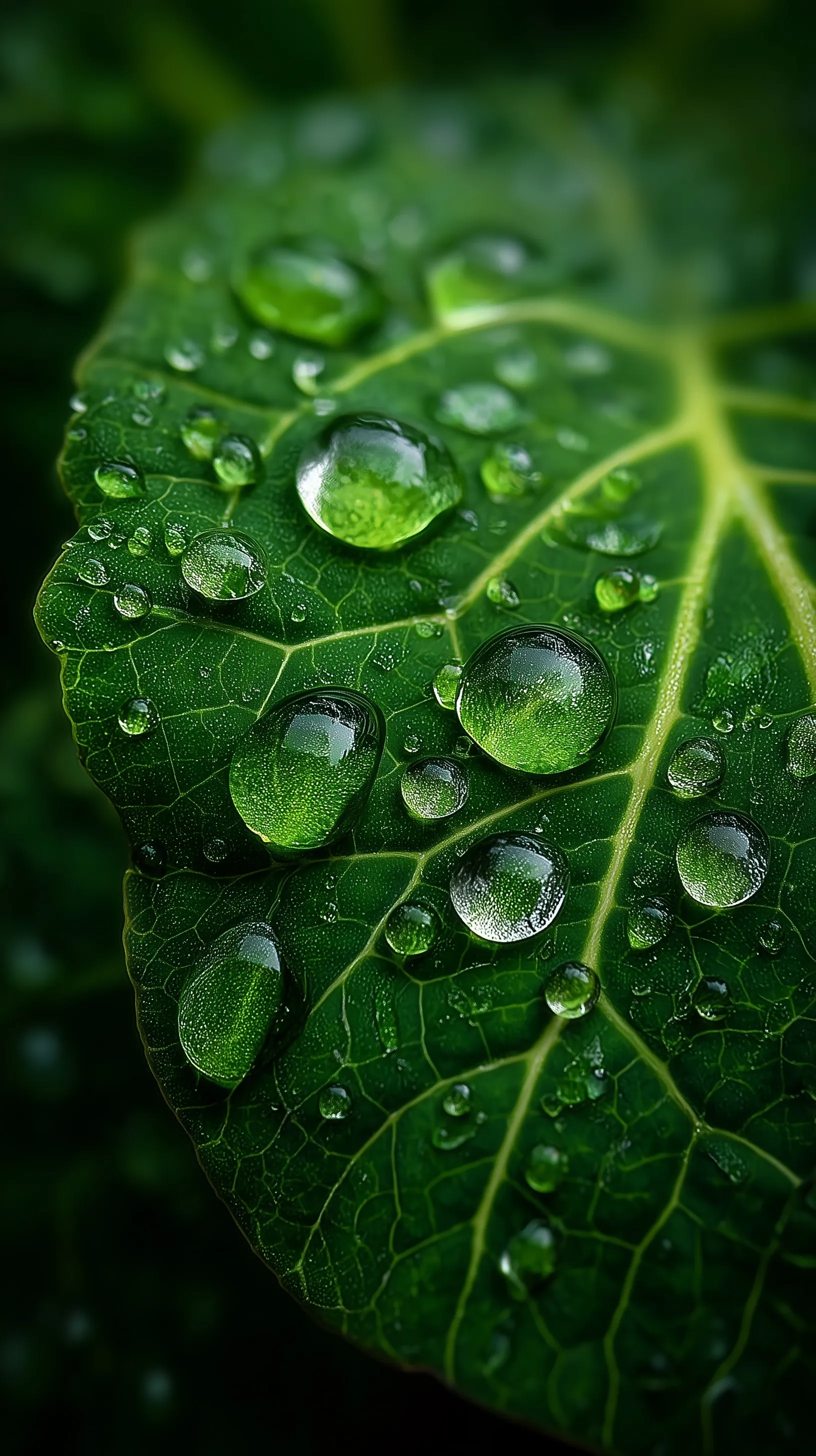 Ultra macro close-up of a fresh green leaf with clear water droplets and detailed veins under soft natural light.