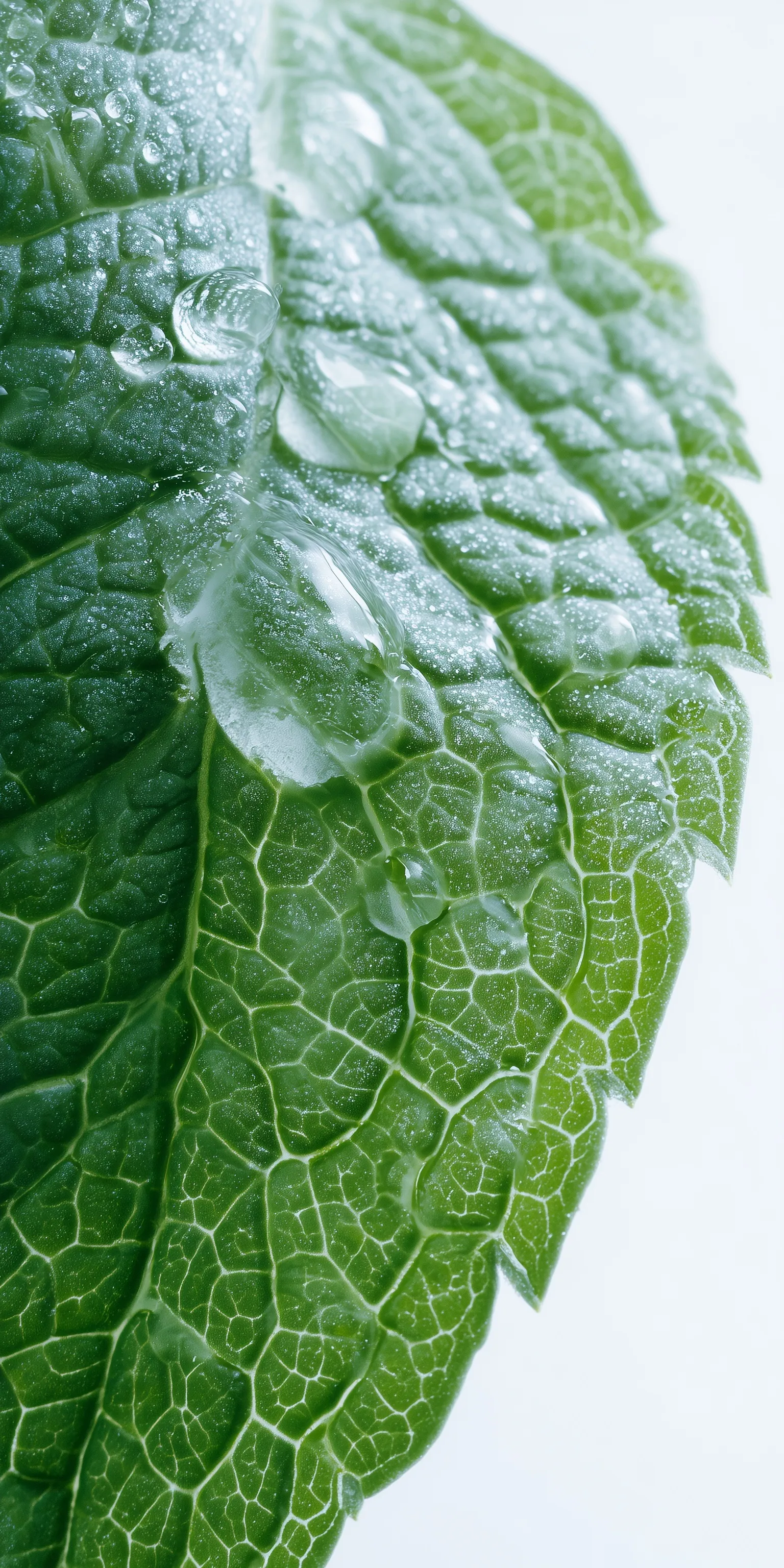Extreme macro shot of a fresh green peppermint leaf with transparent water droplets on a bright white background.