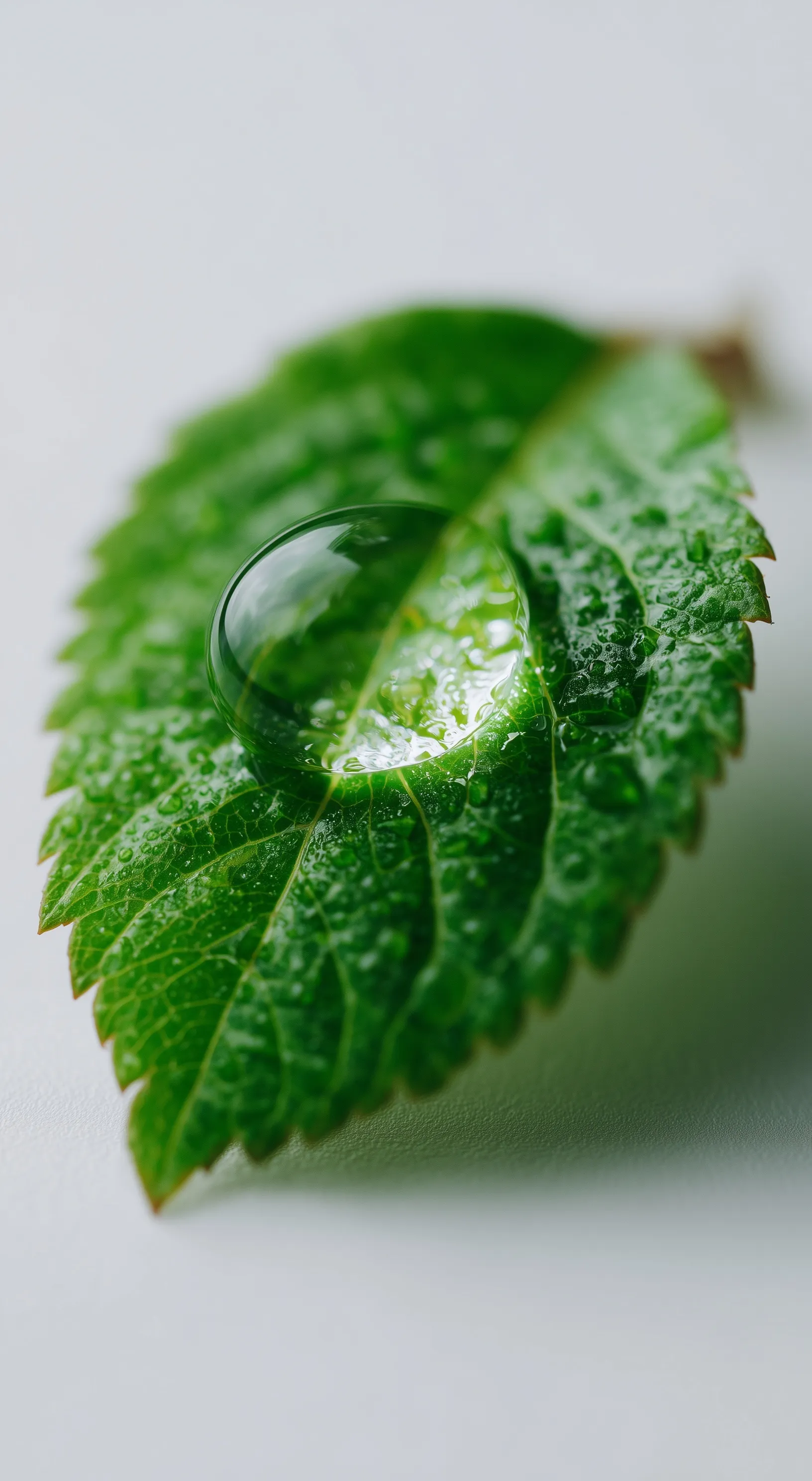 Extreme macro side view of a single green leaf with a crystal clear water droplet on a pure white studio background.