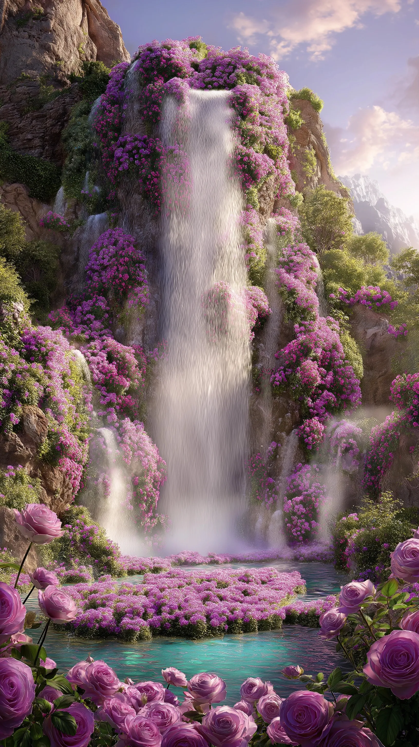 A dreamy waterfall made of cascading lavender roses flowing into a floral lake with soft mist and rocky cliffs.