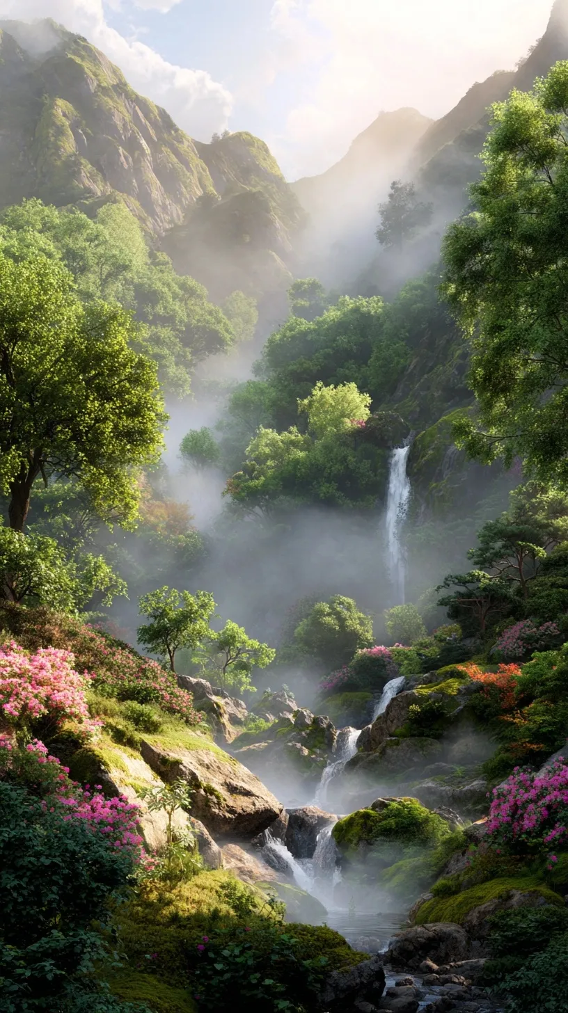 Serene misty waterfall in a Japanese mountain landscape with lush greenery for iPhone 17 Pro Max wallpaper.