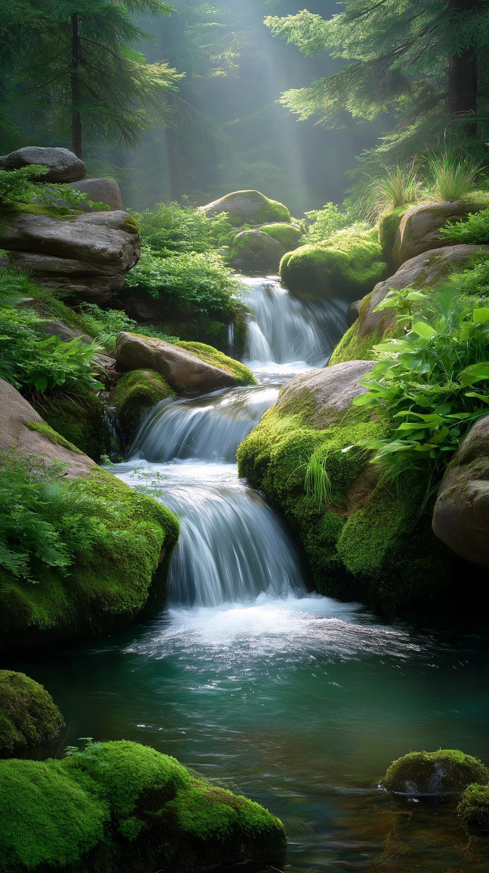 Gentle waterfall flowing over mossy rocks in a lush, misty forest, perfect as a serene mobile wallpaper.