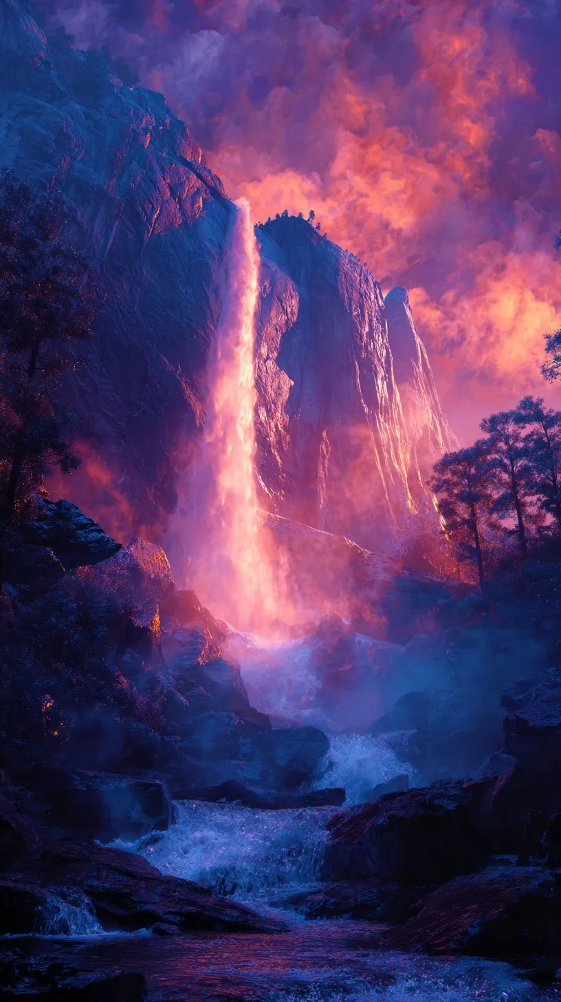 Low angle view of a waterfall at sunset with golden glow, high-definition mobile wallpaper for iPhone.