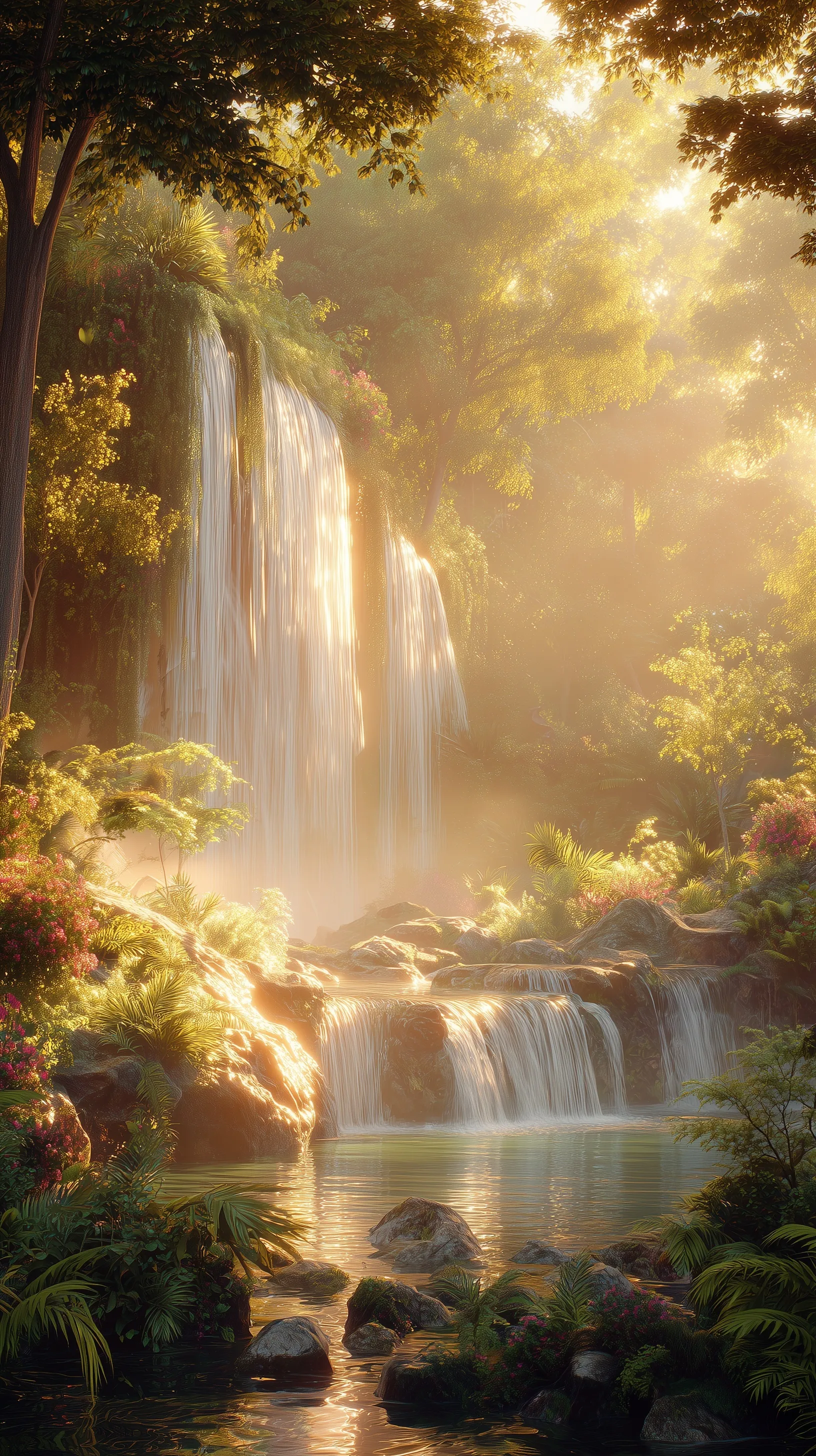 Cascading waterfall in a lush rainforest at golden hour with mist, hyper-realistic 8k mobile wallpaper.