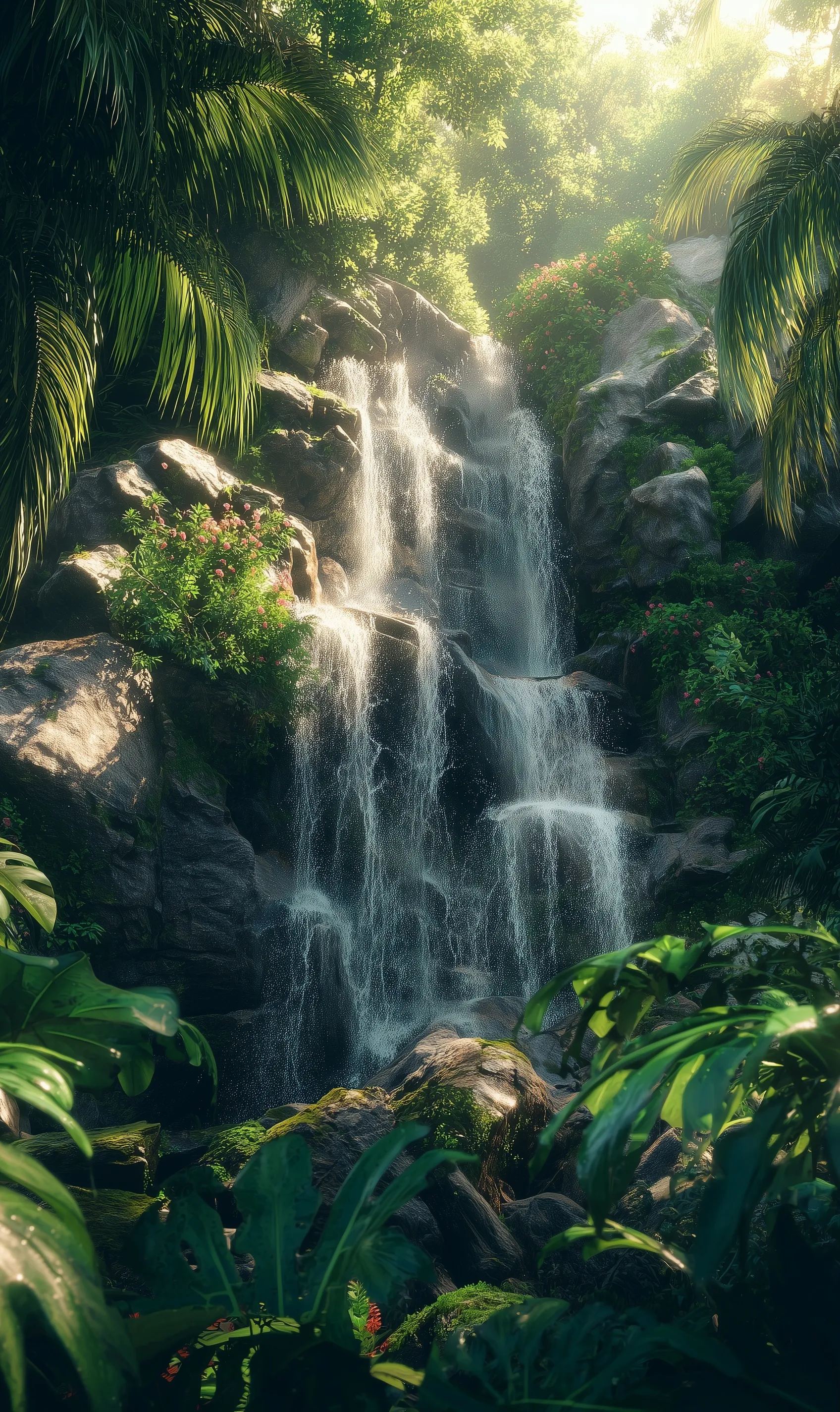 A large, mossy tropical jungle waterfall framed by rocky cliffs, monstera leaves, and sunrays in a low-angle view.