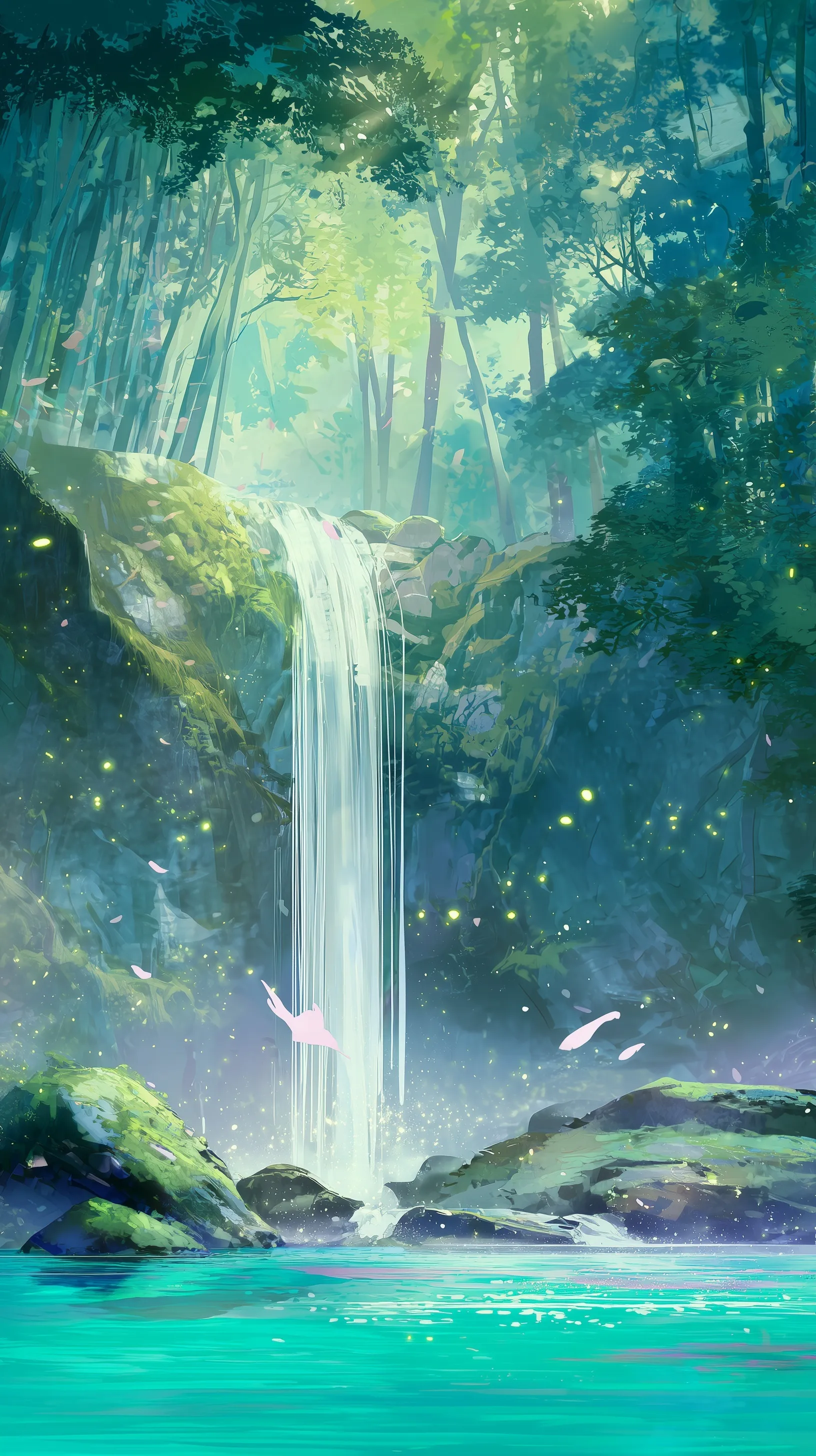 Anime-style vertical 4K wallpaper featuring a mystical waterfall, glowing fireflies, and lush forest for mobile.