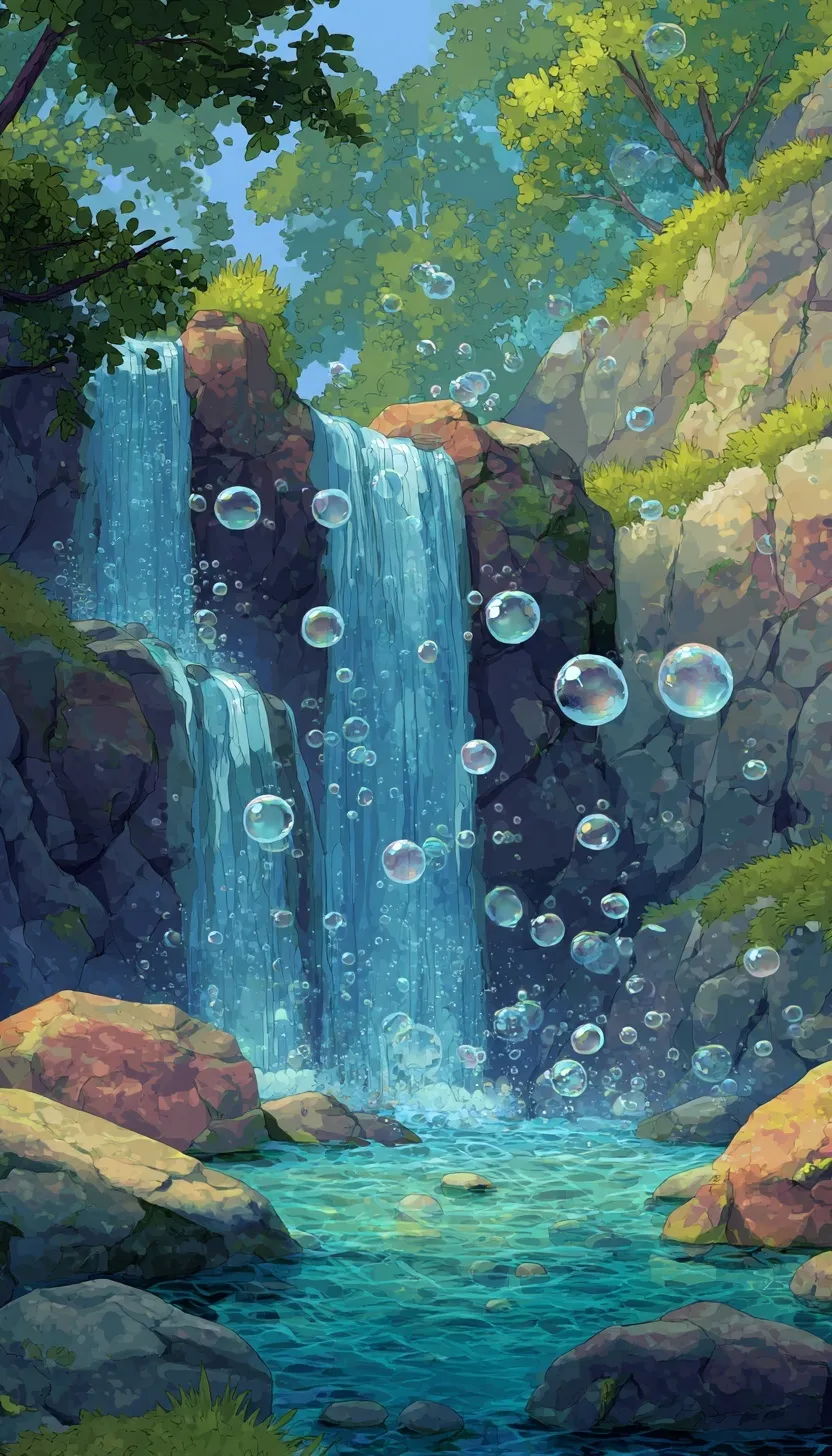 Cartoon waterfall wallpaper for iPhone with colorful soda bubbles and vibrant, detailed artistic style.
