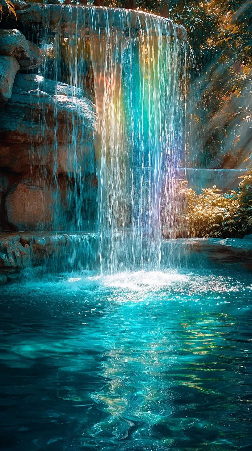 Scenic waterfall with transparent blue water, sunlight, and a rainbow, perfect for iPhone 17 Pro Max wallpaper.