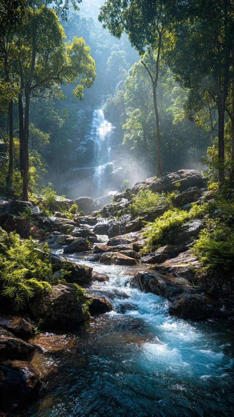 Vertical landscape of a lush waterfall in a misty forest with sunbeams, high-quality mobile wallpaper.