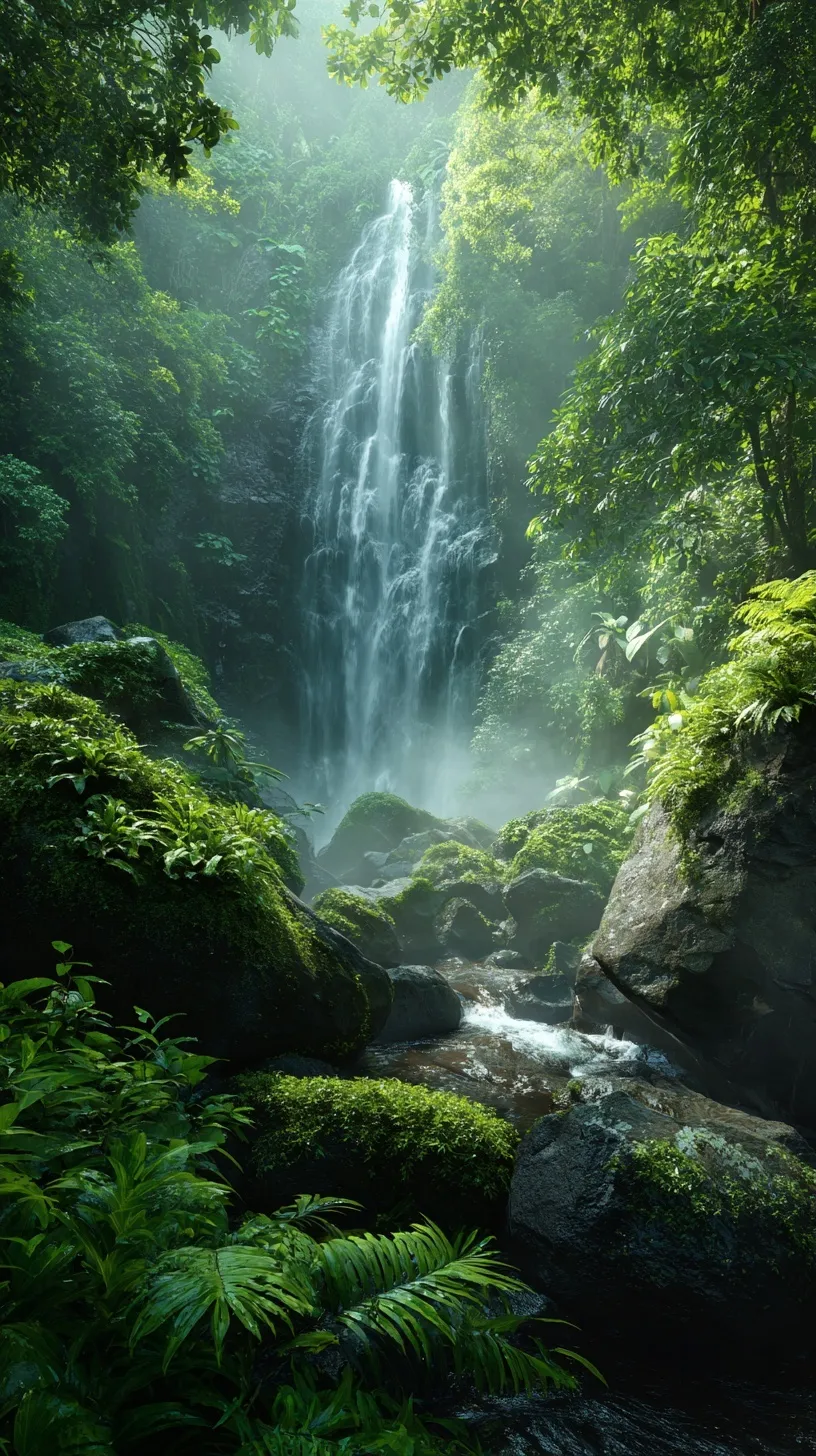 Majestic waterfall cascading through a lush tropical forest with sunlit mist, mossy rocks, and vibrant greenery.