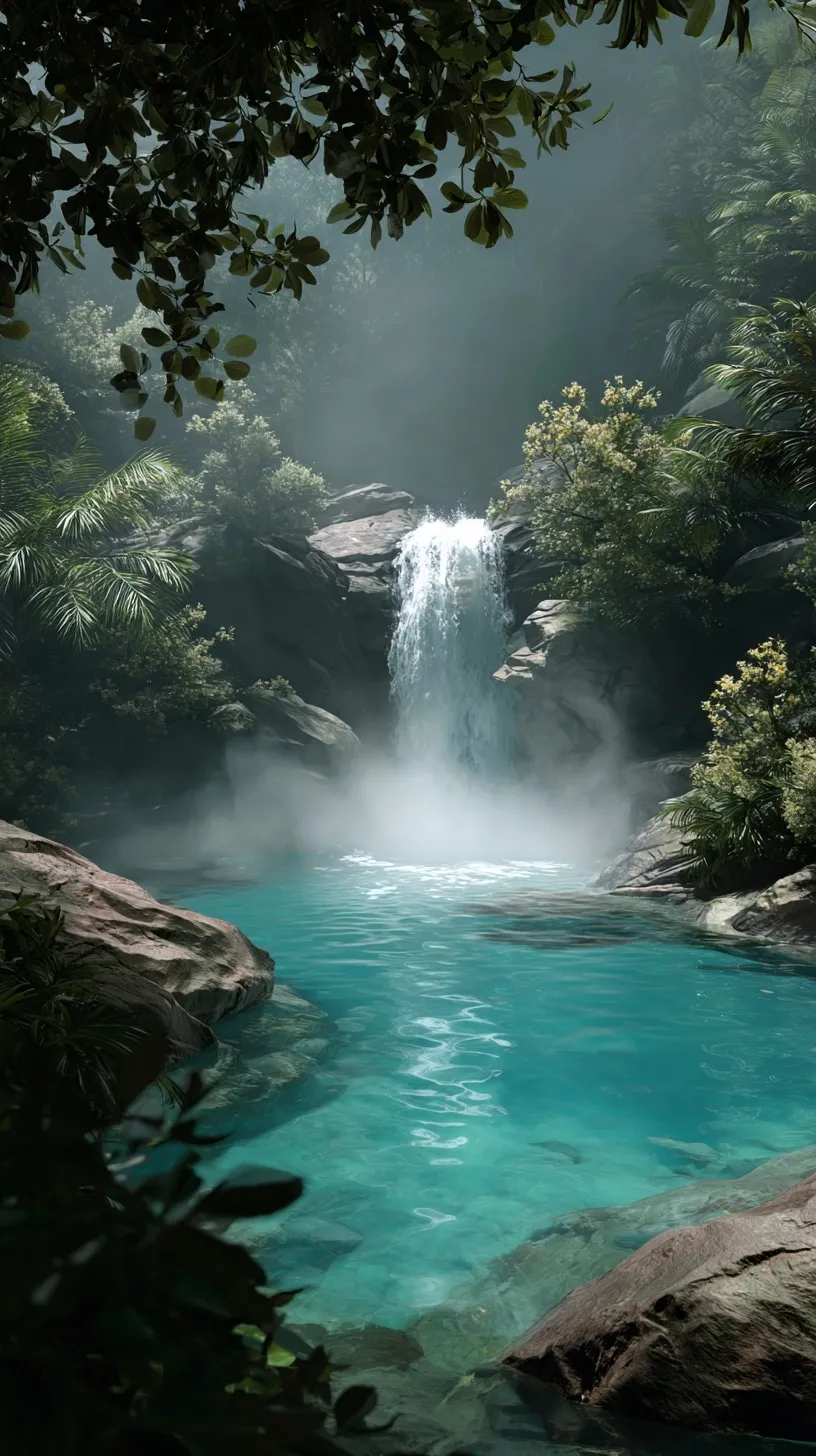 Crystal-clear tropical waterfall cascading into a turquoise pool with lush plants and cinematic mist.