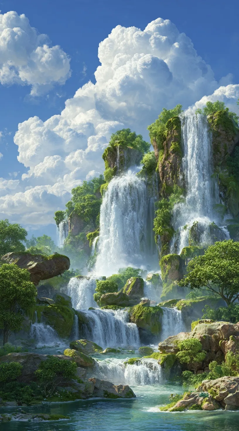 Dreamy fantasy waterfall landscape with mossy rocks and lush greenery for iPhone 17 Pro Max mobile wallpaper.